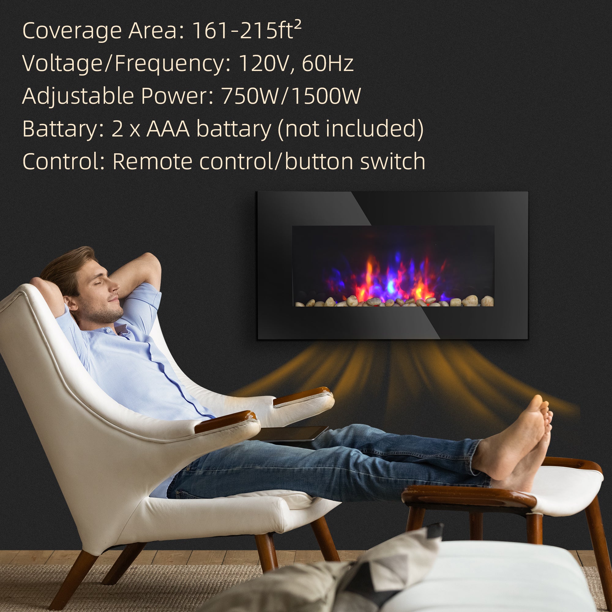 28.5' 1500W Electric Wall-Mounted Fireplace with Flame Effect, 7 Color Background Light, Black - Grand Goldman Shop