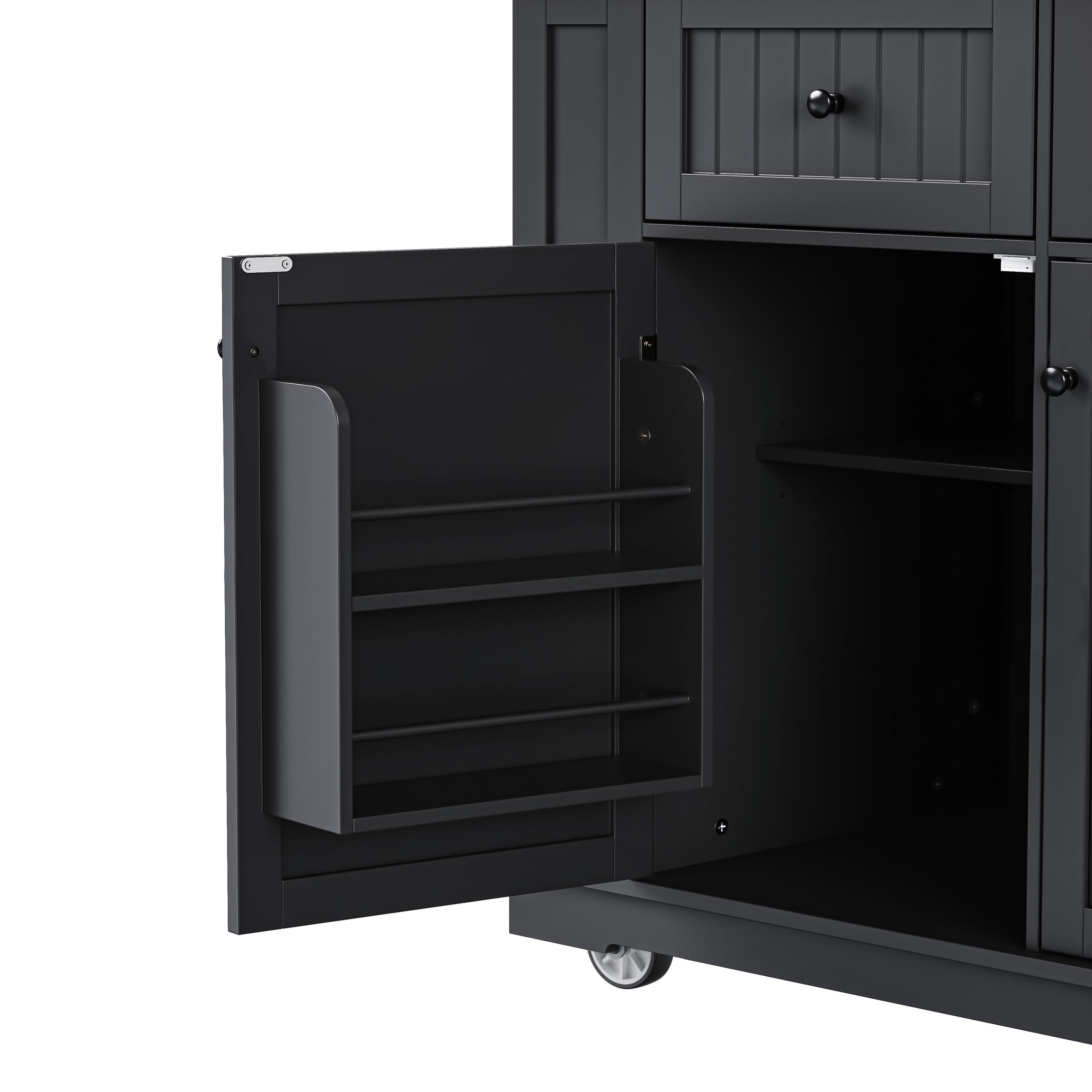 48 inch Kitchen Island with Drop Leaf,Power Outlet,Internal Storage Rack,Rolling Kitchen Storage Cart on 5 Wheels with 5 Open Side Racks,for Kitchen,Black (Old SKU N707P257057B)(Not Include Stools) - Grand Goldman Shop