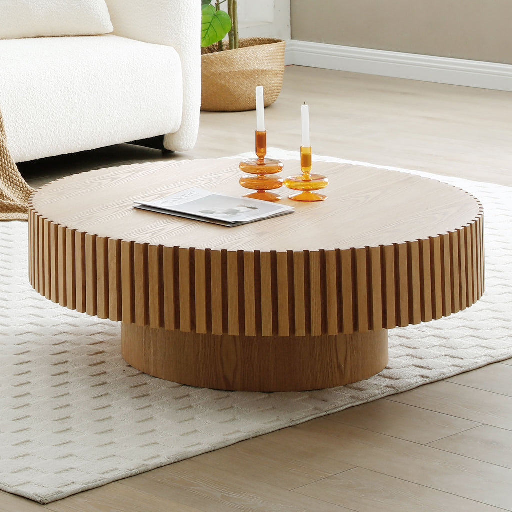Natural Wood Coffee Table 39.37 MDF coffee table Modern Handcraft Drum Coffee Table  Circle Coffee Table for Living Room,ASH - Grand Goldman Shop