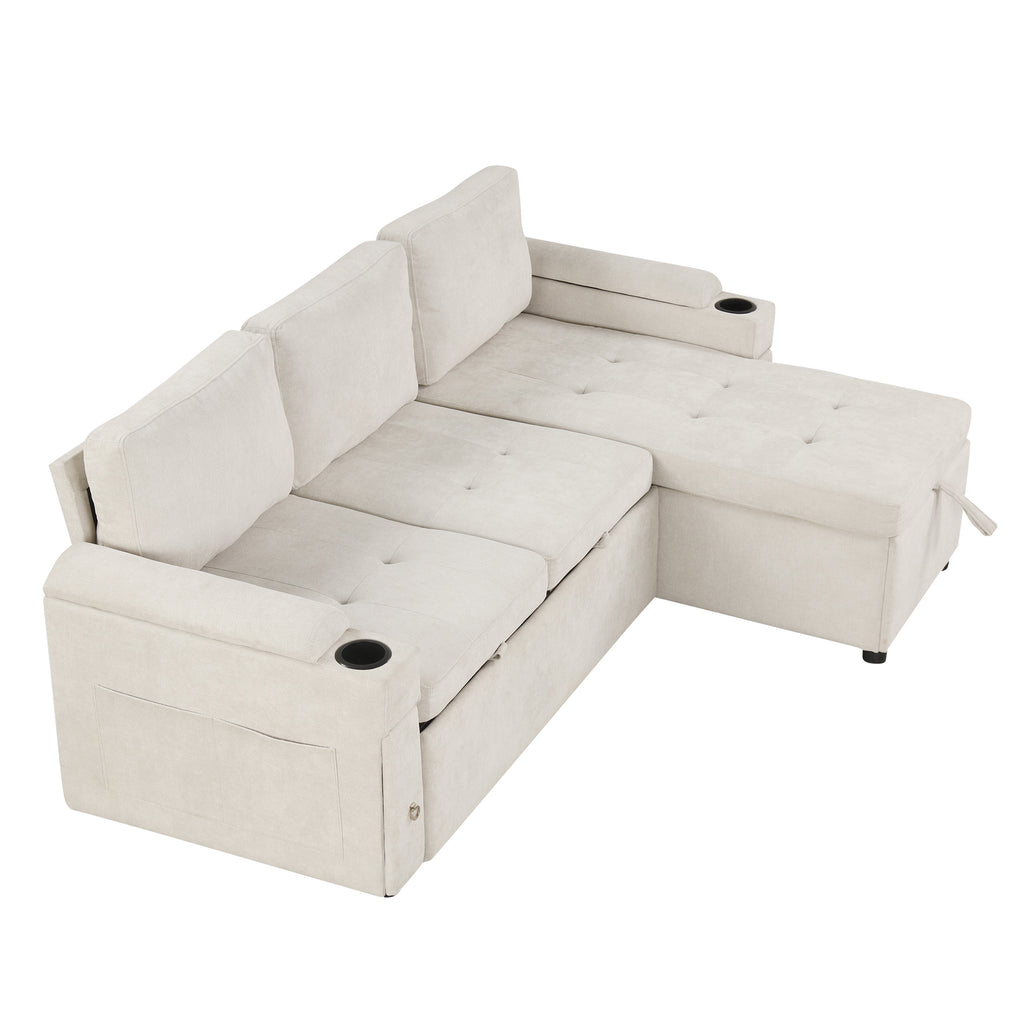 Convertible L-shaped Beige Sofa Couch with Storage, Cup Holders, USB Ports, Chenille Fabric - Grand Goldman Shop