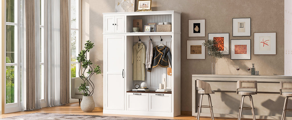 3-in-1 Hall Tree with Overhead Storage Cabinet, 3 Adjustable Side Shelves, 4 Heavy-Duty Hooks, 2 Spacious Drawers, Grooved Back Panel Design, Contrasting Seat Bench, Multifunctional Entryway Organizer - Grand Goldman Shop