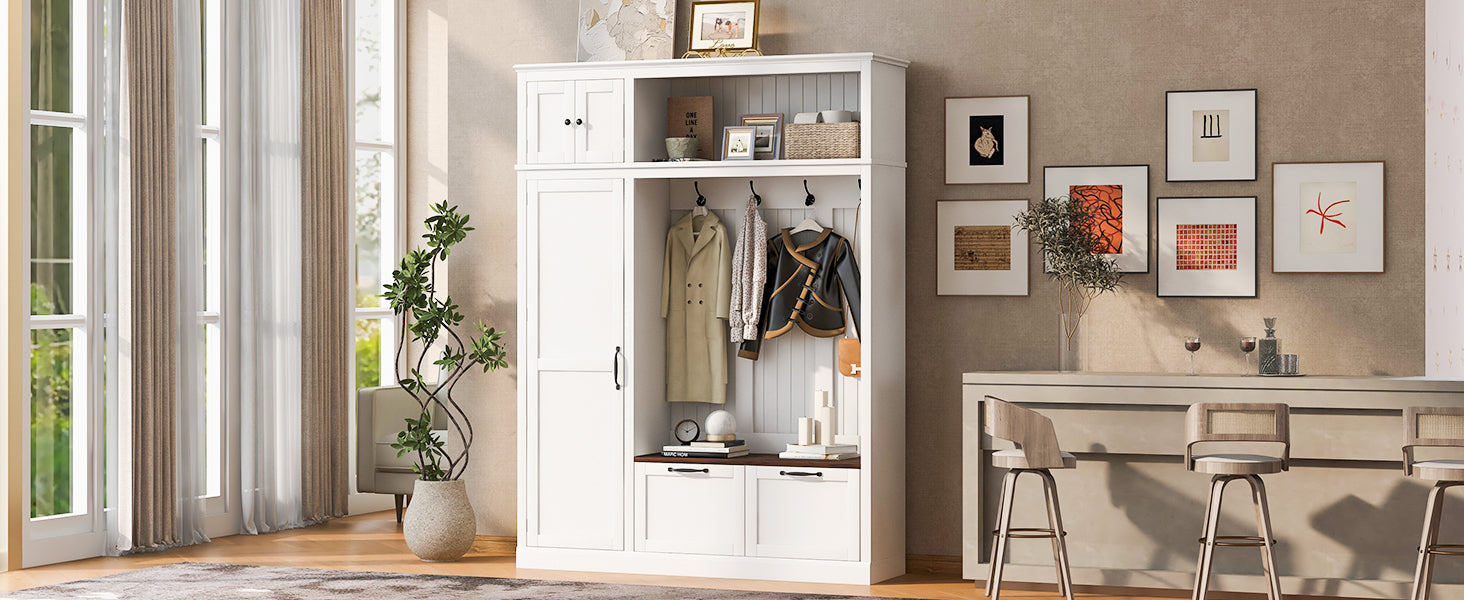 3-in-1 Hall Tree with Overhead Storage Cabinet, 3 Adjustable Side Shelves, 4 Heavy-Duty Hooks, 2 Spacious Drawers, Grooved Back Panel Design, Contrasting Seat Bench, Multifunctional Entryway Organizer - Grand Goldman Shop