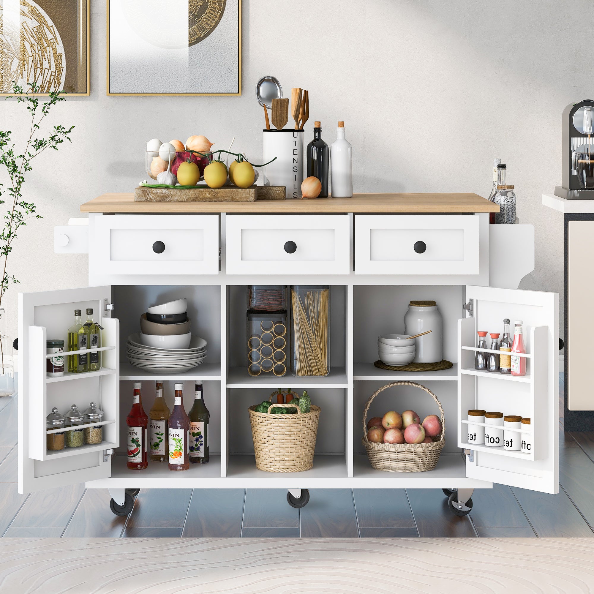 Kitchen Cart with Rubber wood Drop-Leaf Countertop ,Cabinet door internal storage racks,Kitchen Island on 5 Wheels with Storage Cabinet and 3 Drawers for Dinning Room,White - Grand Goldman Shop