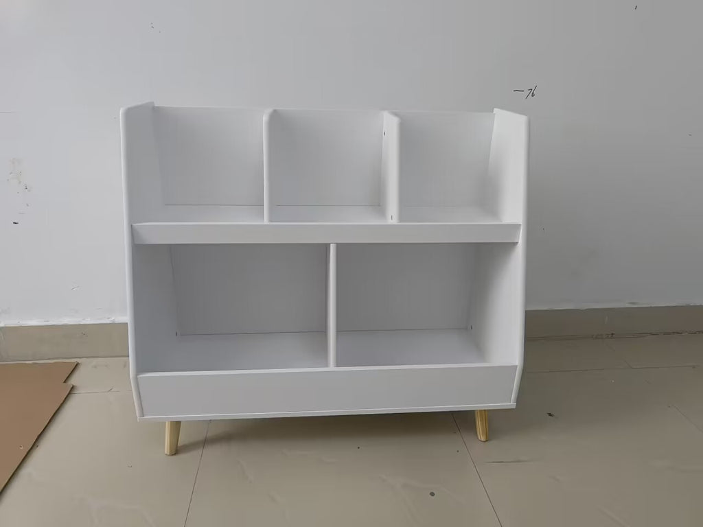 Modern Kids Bookshelf and Toy Organizer with 5 Cubbies, 2-Tier Wooden Open Bookcase, White MDF and Pine Legs | Premium Home D