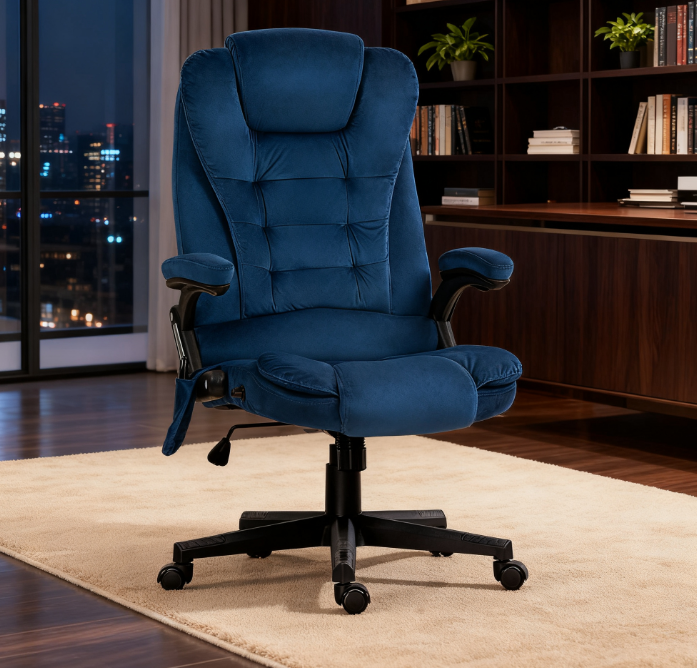 Velvet High Back Vibrating Massage Office Chair, Drak Blue - Grand Goldman