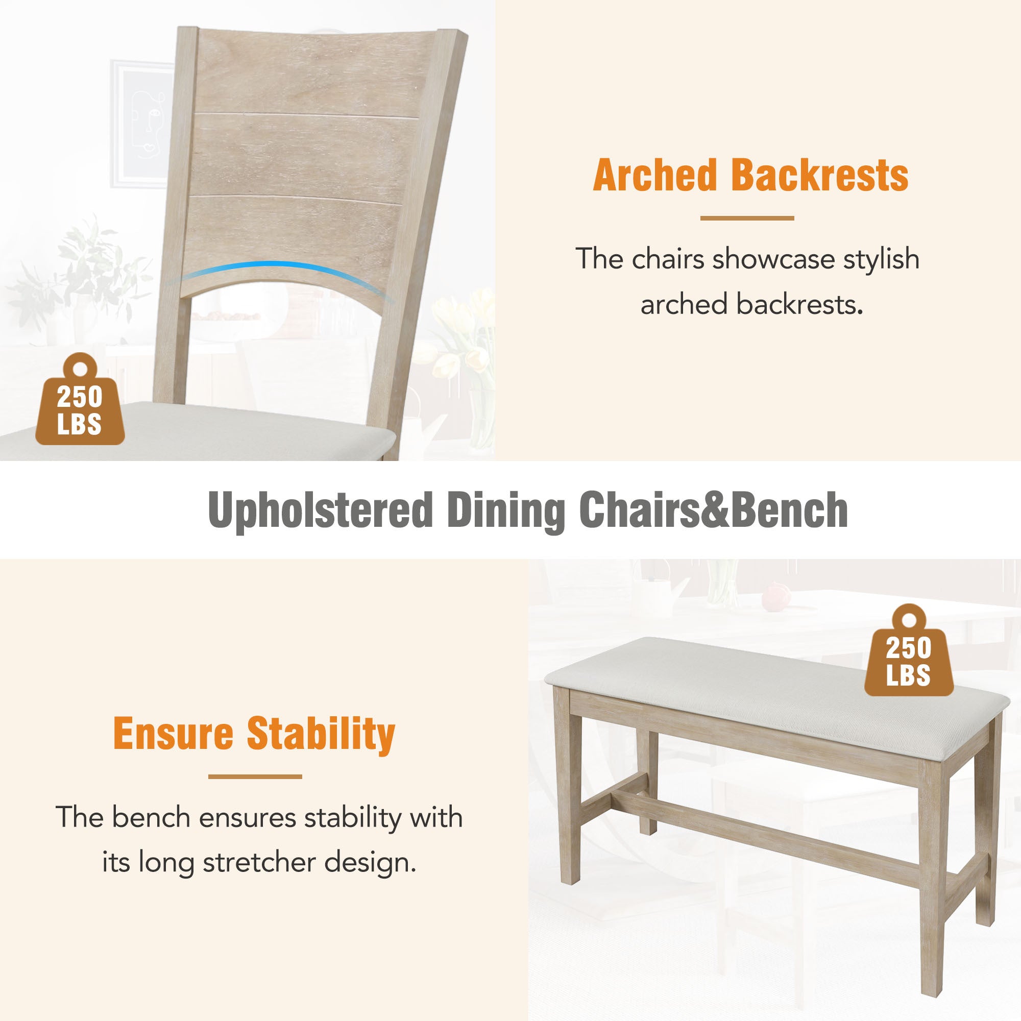 TOPMAX Modern Style Natural Wood 6-Piece Dining Table Set with Bench and Chairs, Upholstered Seats, Rubberwood Frame - Grand Goldman Shop