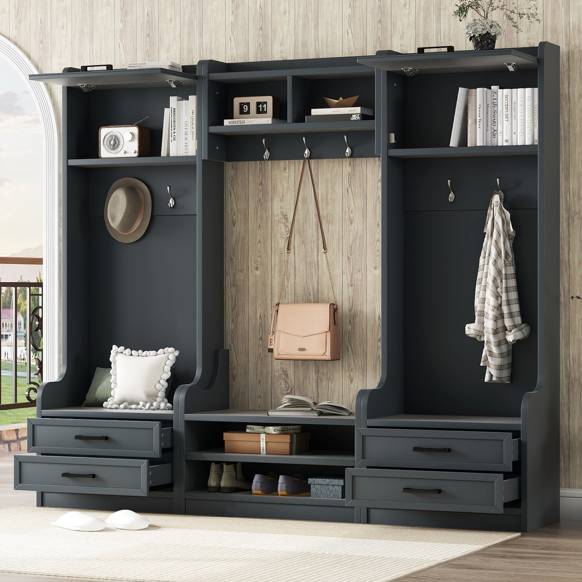 4-in-1 Detachable Hall Tree with Storage and 7 Hooks, Multiple Functions Hallway Coat Rack with Storage Drawers and Cabinet, Antique Blue Shoe Bench for Entryway Hallway - Grand Goldman Shop