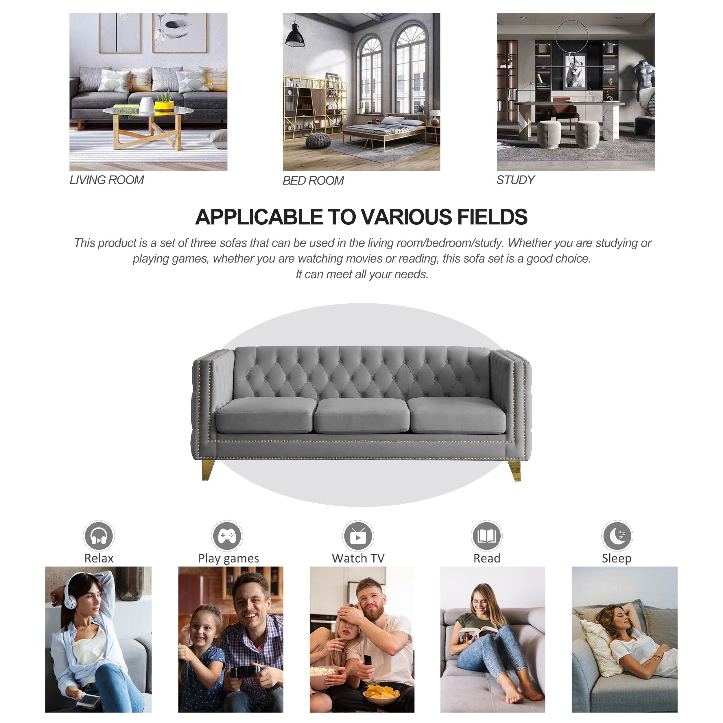 Modern Velvet Sofa with Button Tufting and Metal Legs, Grey Upholstered Couch for Living Room or Bedroom, 3-Seater, Solid Wood Frame, Soft Cotton-Filled Cushions - Grand Goldman Shop