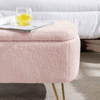 Pink Storage Ottoman Bench for End of Bed Gold Legs, Modern Grey Faux Fur Entryway Bench Upholstered Padded with Storage for Living Room Bedroom - Grand Goldman Shop