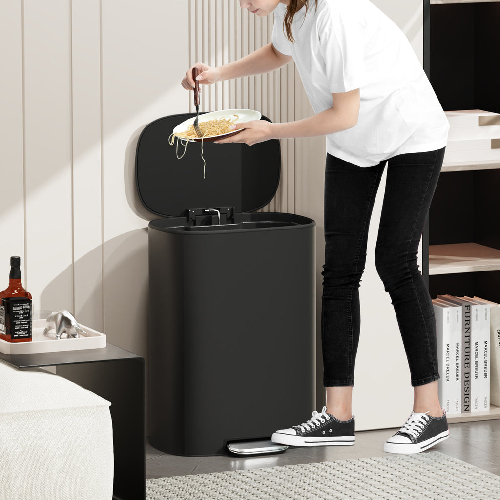 13 Gallon 50L Kitchen Foot Pedal Operated Soft Close Trash Can - Stainless Steel Ellipse Bustbin - BLACK - Grand Goldman Shop