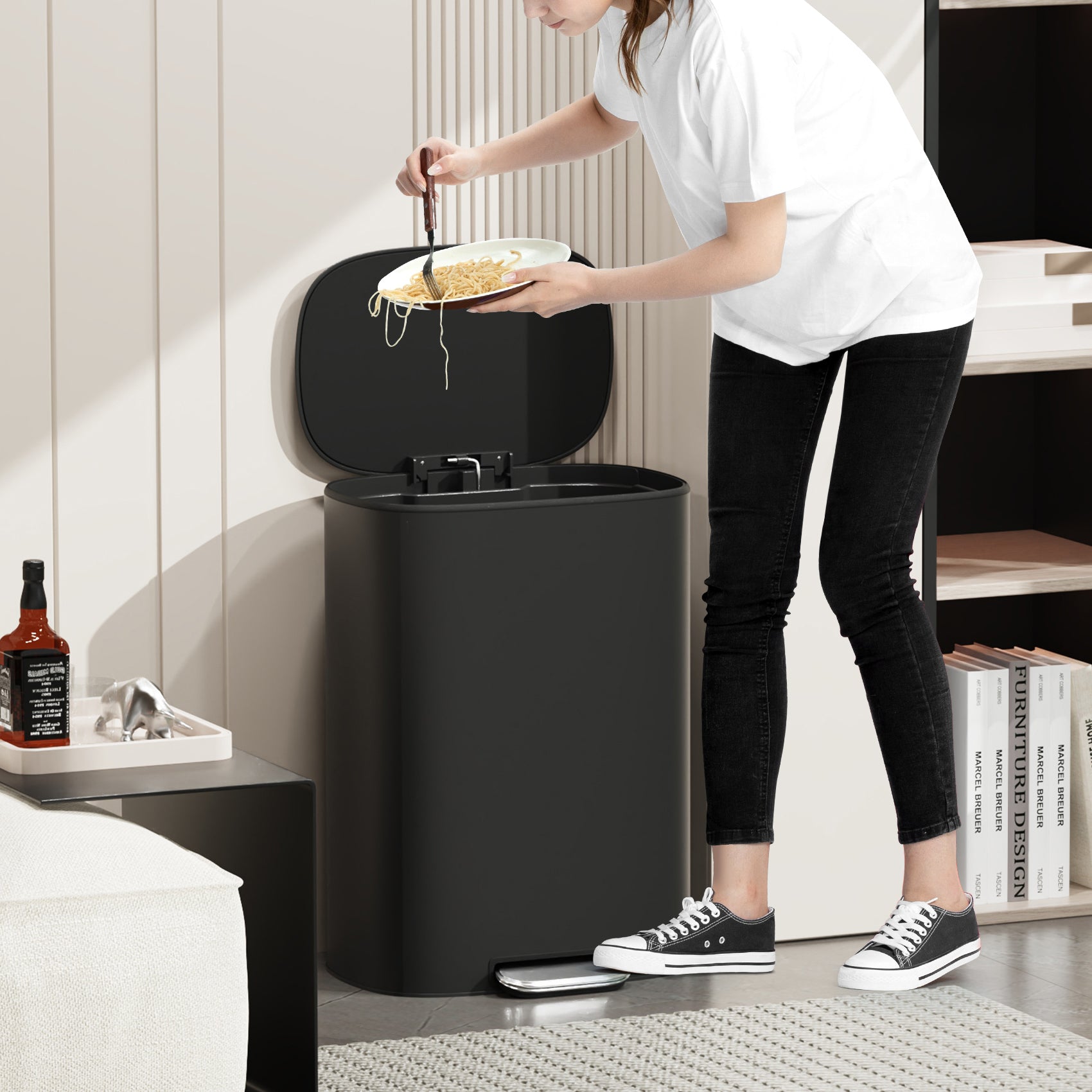 13 Gallon 50L Kitchen Foot Pedal Operated Soft Close Trash Can - Stainless Steel Ellipse Bustbin - BLACK - Grand Goldman Shop
