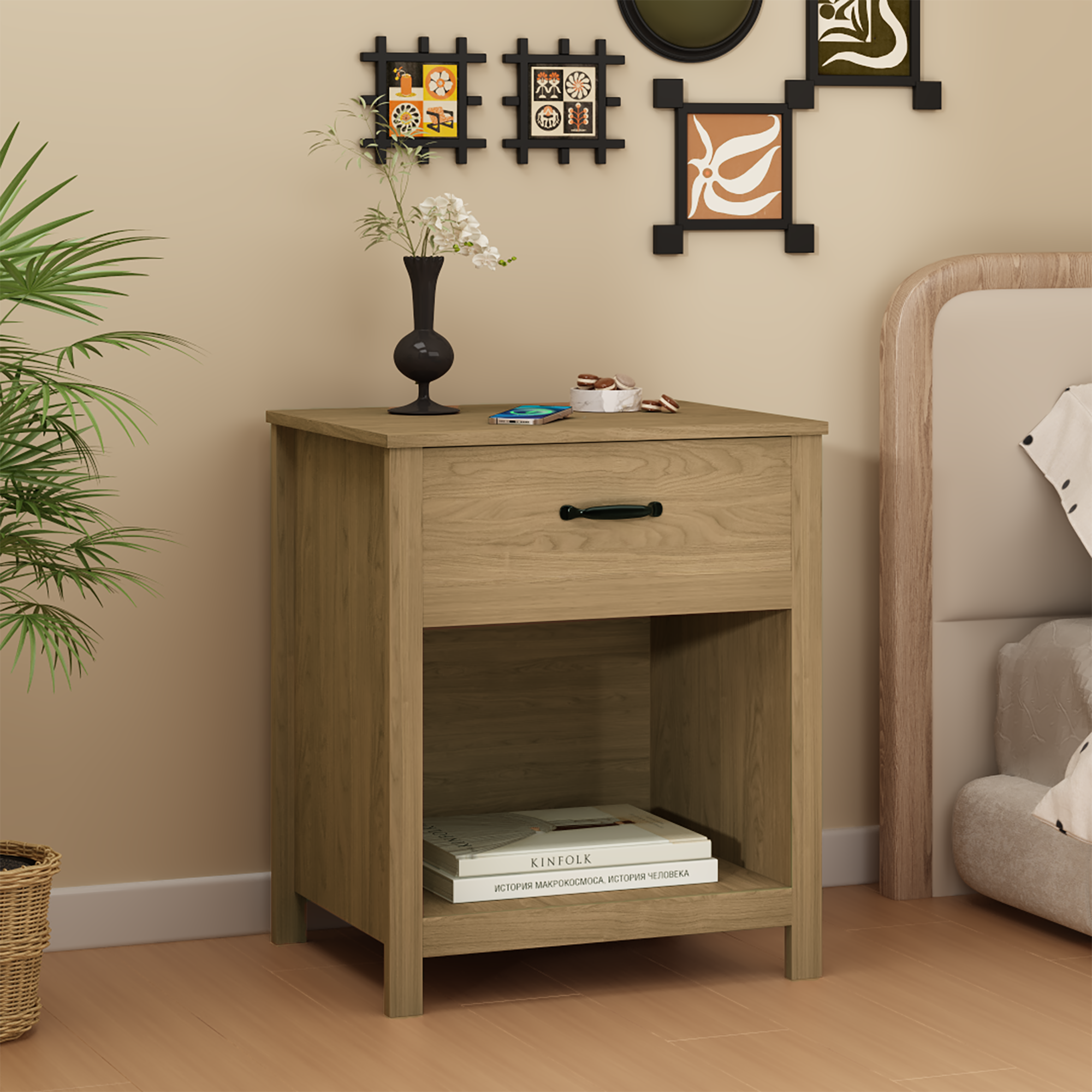 Wood Nightstand with Drawer and Open Shelf, Modern Bedside Table with Storage, Wooden End Table for Bedroom, Living Room or Apartment, Natural Finish, Brown - Grand Goldman Shop