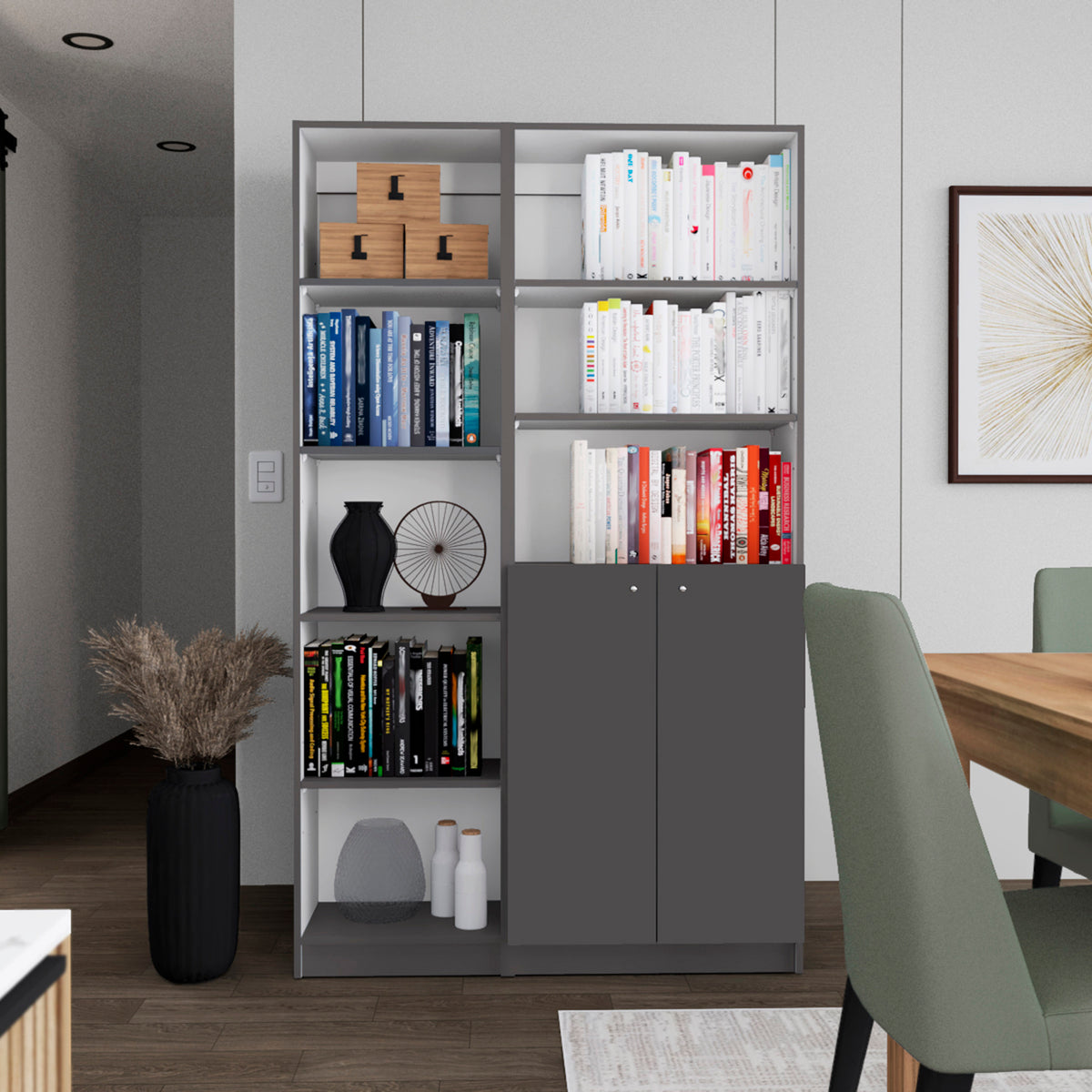 Micco 2 Piece 2 Piece Home Bookcase set, 42' Wide  with 8 Shelves and Double Door Cabinet, Living Room Set Matte Gray - White