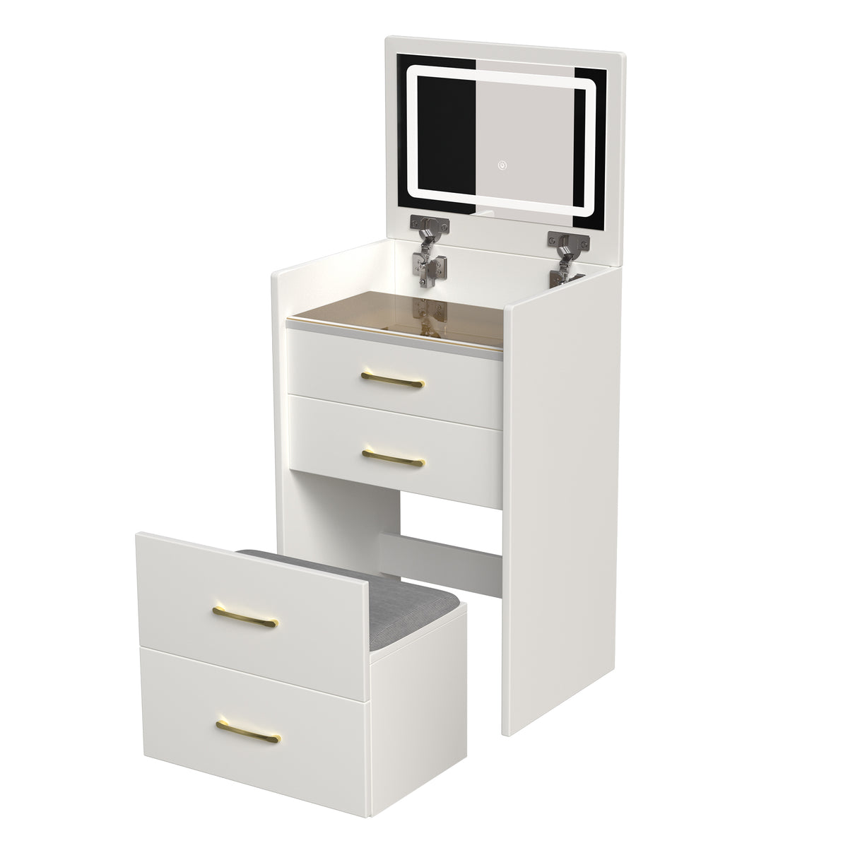 Compact 3 in 1 Vanity Desk with Open Top Mirror, Glass Desktop, White MDF, 50.39' Height - Grand Goldman Shop