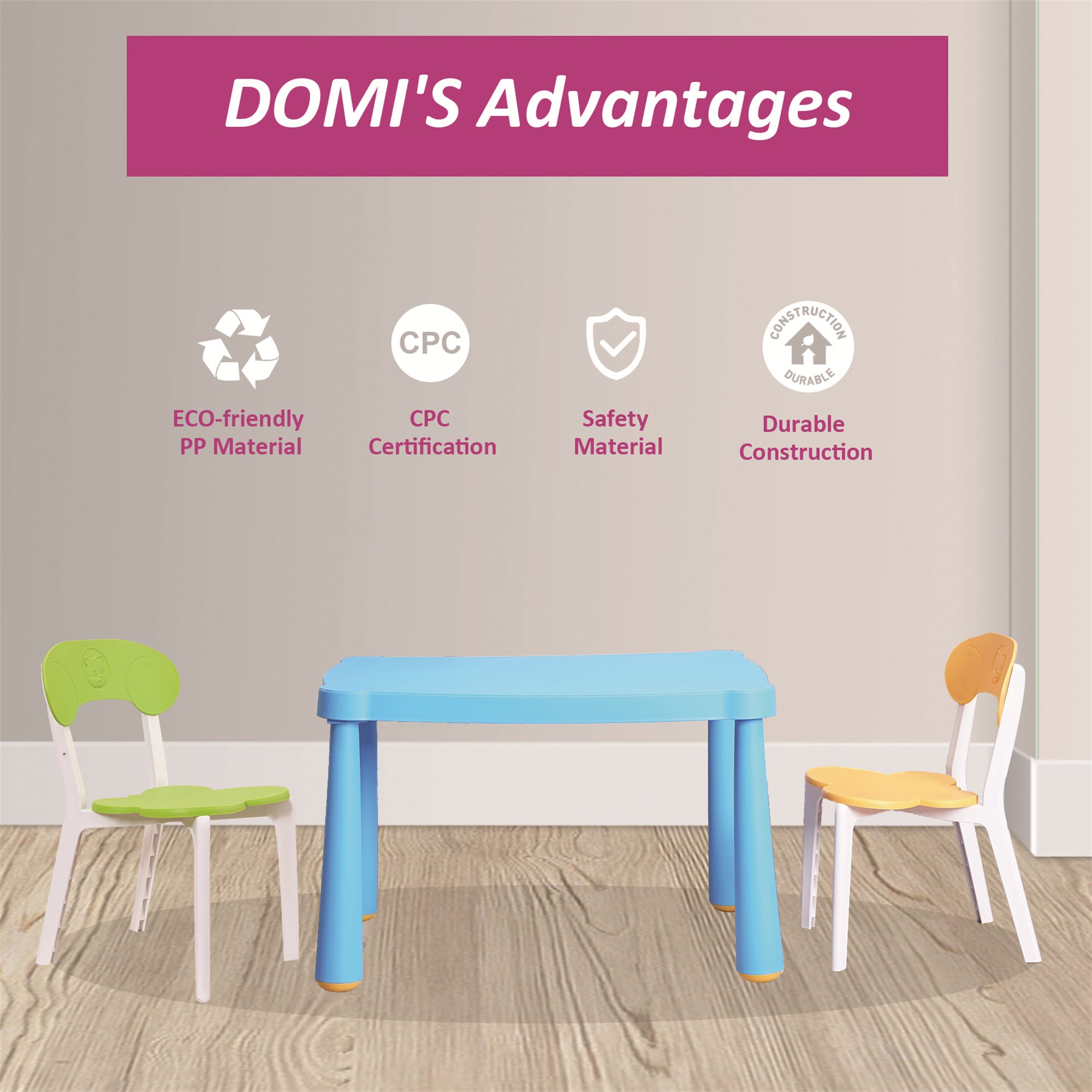 Kids Table and Chair Set,3 Piece Toddler Table and Chair Set,Plastic Children Activity Tablefor Reading,Preschool,Drawing,Tod