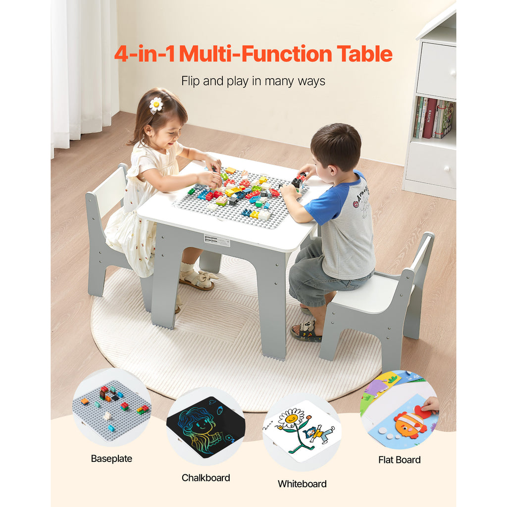 4 in 1 Kid Activity Table and 2 Chairs Set, Graffiti & Building Blocks Double-Sided Tabletop, Toddler Play Table with Storage