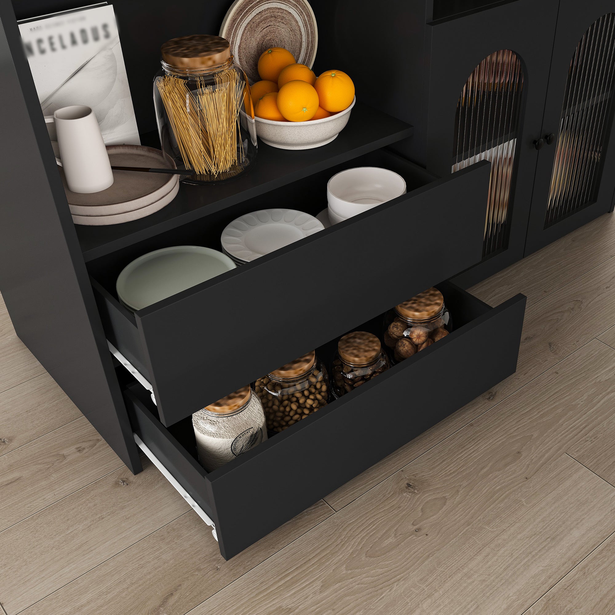 Retro Kitchen Island with Extendable Rotating Table, Black Marble Veneer on MDF, 4 Drawers & Glass Door Cabinets, Built-in Socket, Fits 2-4 People - Grand Goldman Shop