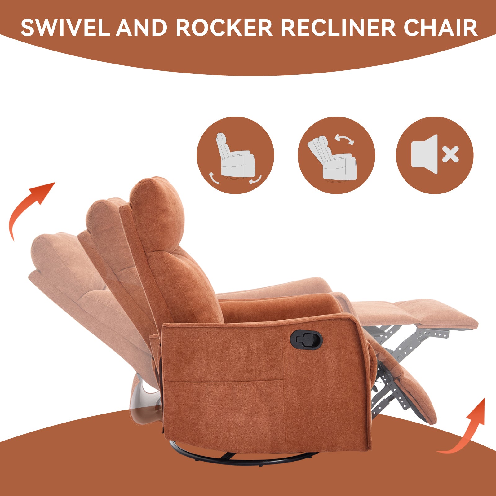 Heat Massage Manual Recliner Chair with Rocker and Swivel in Fabric for Living Room, Orange - Grand Goldman Shop