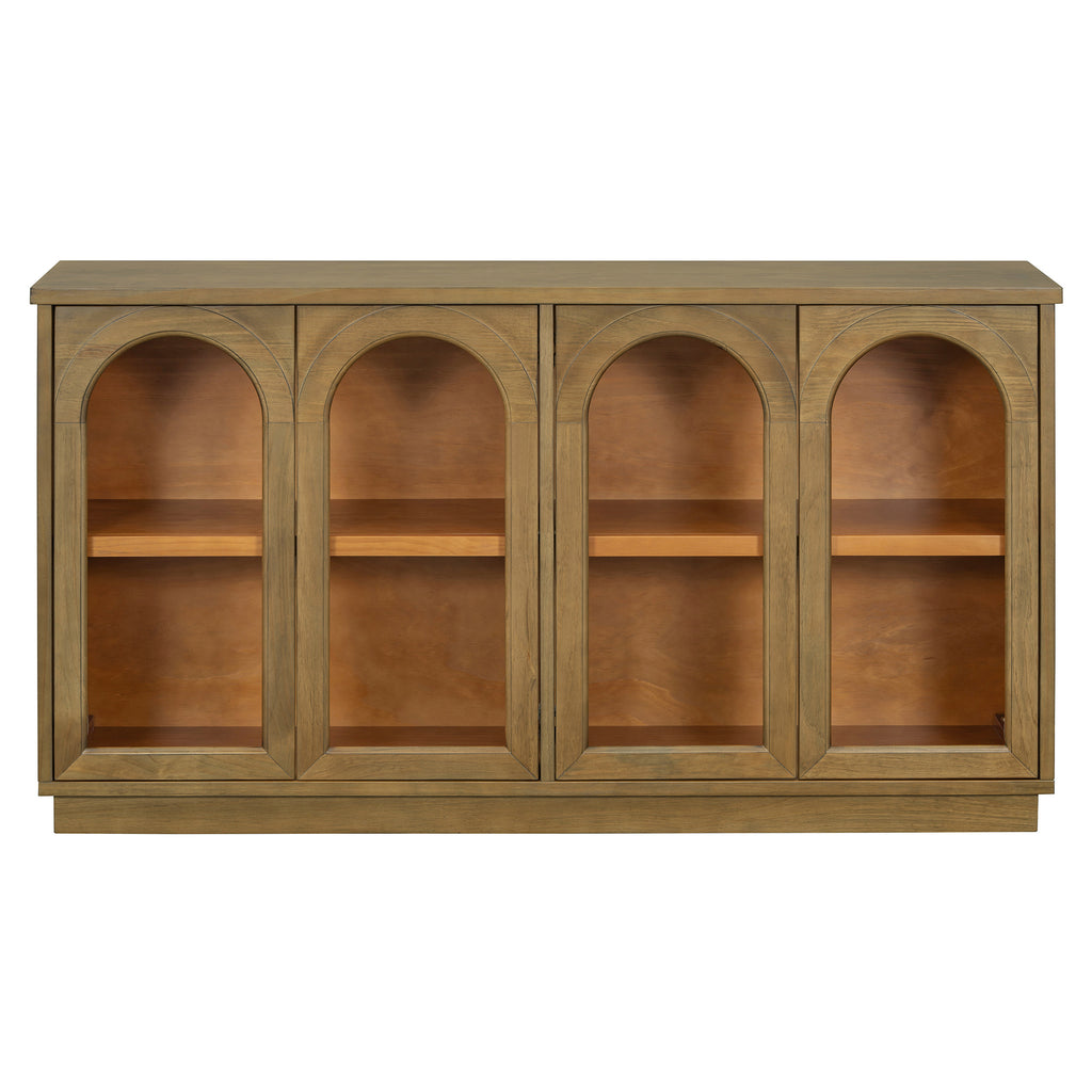 TREXM 4-Door Large Storage Buffet Cabinet with Glass Doors, Arched Cabinet with Adjustable Shelves for Kitchen, Dining Room and Living Room (Old Pine) - Grand Goldman Shop