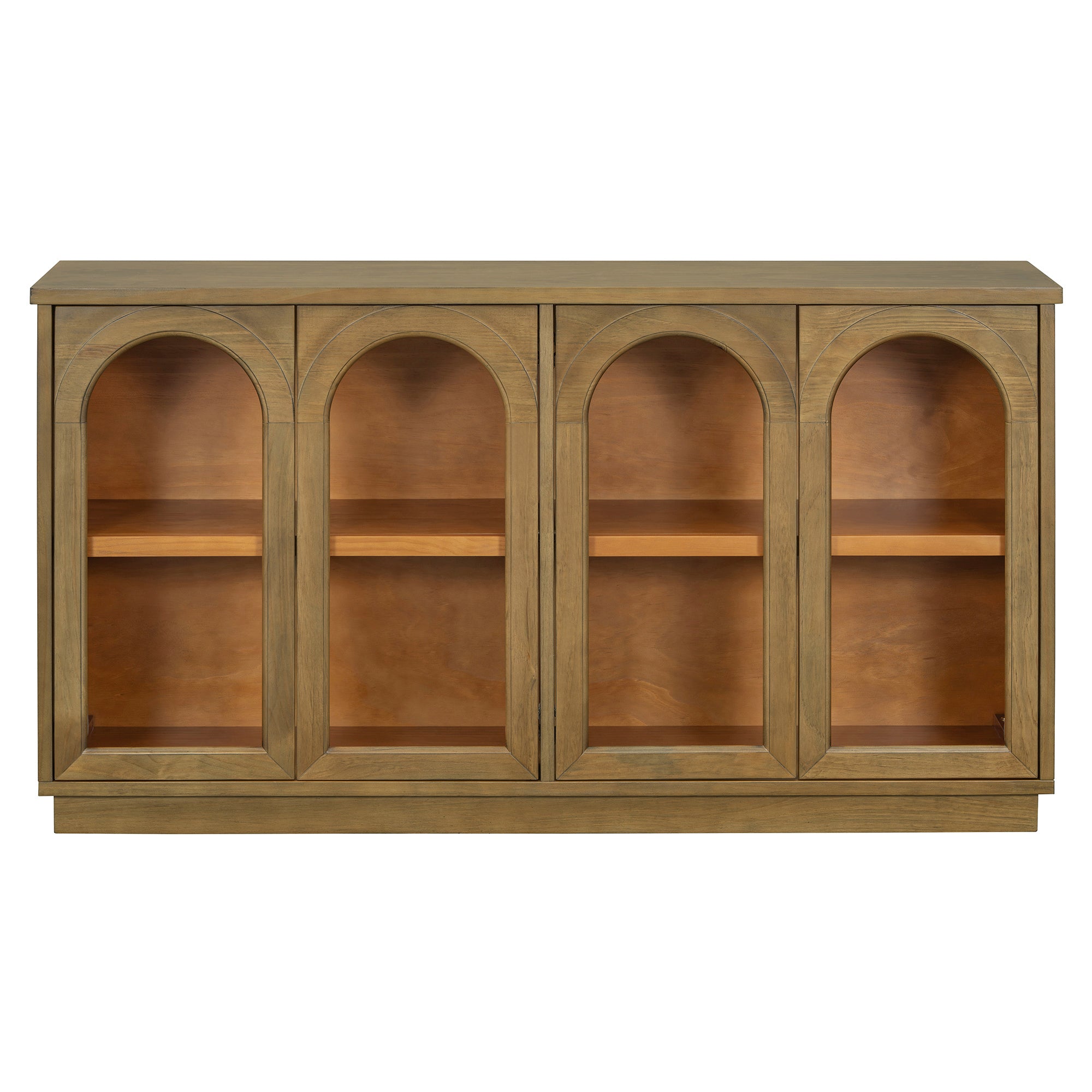 TREXM 4-Door Large Storage Buffet Cabinet with Glass Doors, Arched Cabinet with Adjustable Shelves for Kitchen, Dining Room and Living Room (Old Pine) - Grand Goldman Shop