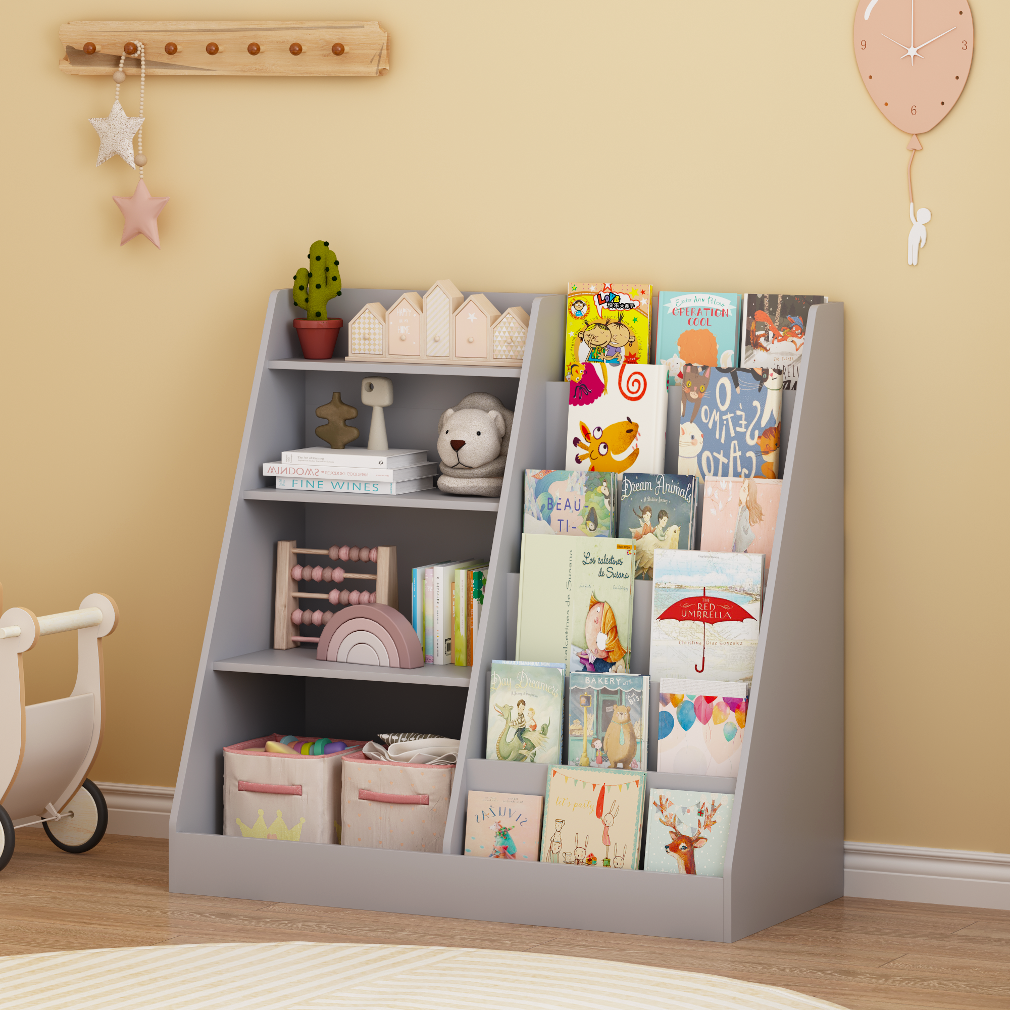 Kids Bookshelf and Toy Storage Organizer, Multifunctional 4 Tier Wooden Kids Book Shelf with  Bookcase Display Stand in Kids 