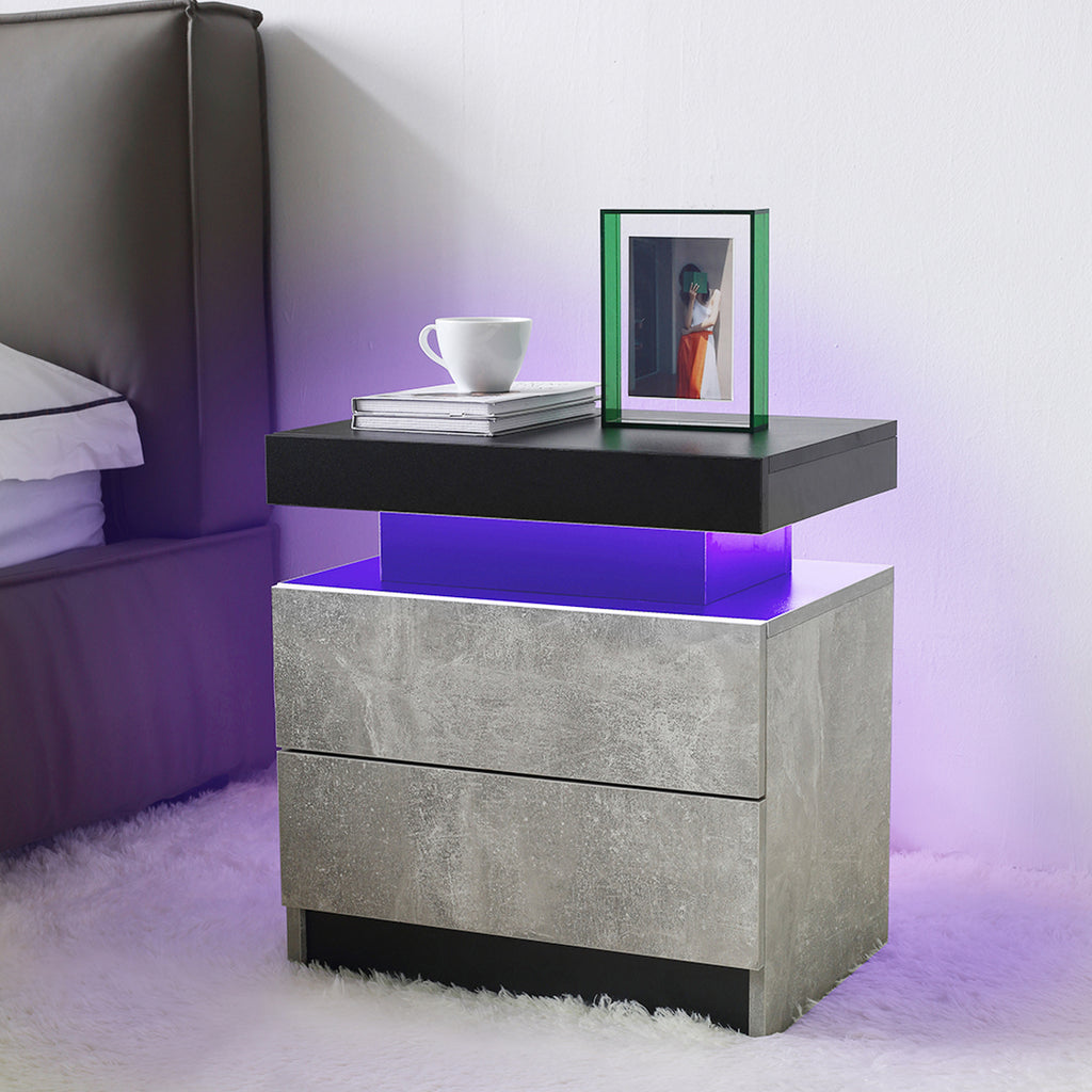 Nightstand LED Bedside Table Cabinet Lights Modern End Side with 2 Drawers for Bedroom (Black+Gray) - Grand Goldman Shop