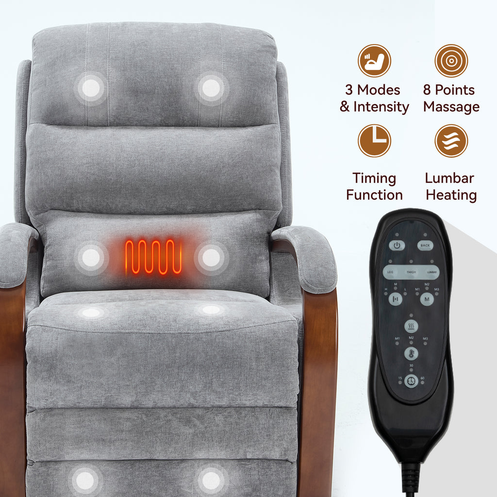 Power Grey Chenille Lift Recliner Chair Dual Motor Infinite Position Up to 350 LBS with Solid Wood Armrests, Heat Massage and Heavy Duty Motion Mechanism - Grand Goldman Shop