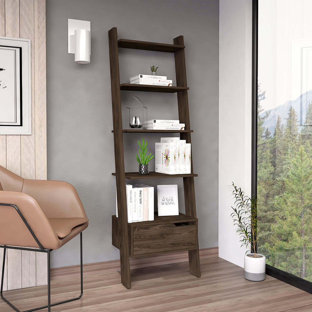 Ladder Bookcase, One Drawer, Five Open Shelves, Dark Walnut - Grand Goldman