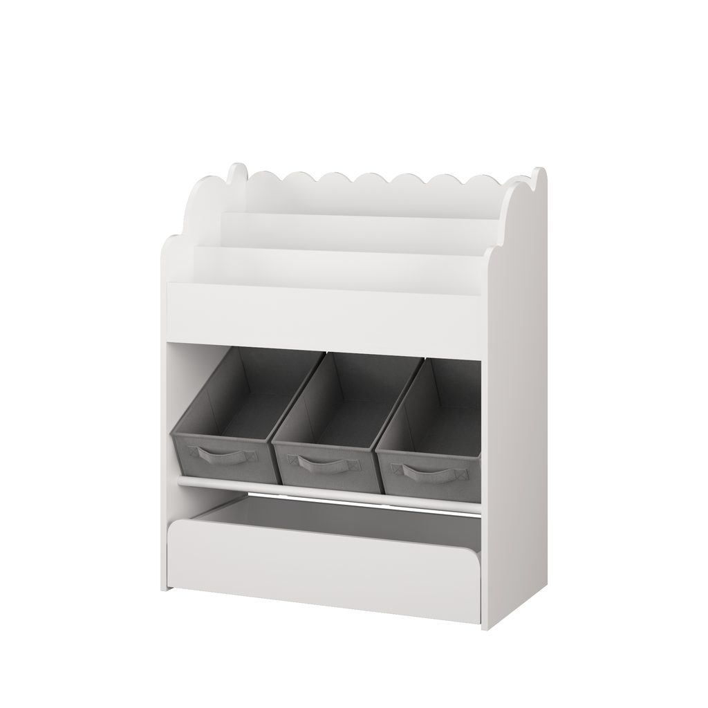Kids Bookshelf with Storage Bins and Drawer, Multi-Functional Wooden Book Organizer for Toddlers, White Bookcase for Toys, Bo