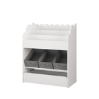 Kids Bookshelf with Storage Bins and Drawer, Multi-Functional Wooden Book Organizer for Toddlers, White Bookcase for Toys, Bo