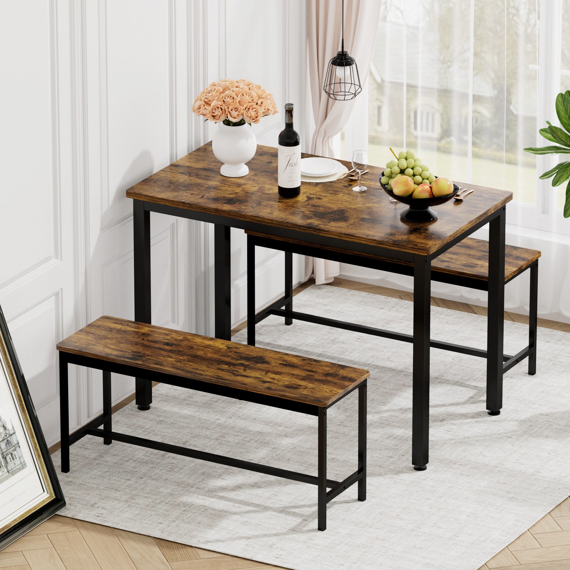 Dining Table Set, Bar Table with 2 Dining Benches, Kitchen Table Counter with Chairs, Industrial for Kitchen Breakfast Table, Living Room, Party Room, Rustic Brown and Black,43.3″L x23.6″W x 29.9″H - Grand Goldman Shop