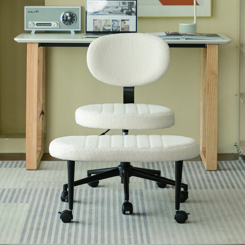 Ergonomic Cross-Legged Office Chair with Back Support, Cream Velvet Multi-Position Desk Chair for Adults, White | Premium Hom