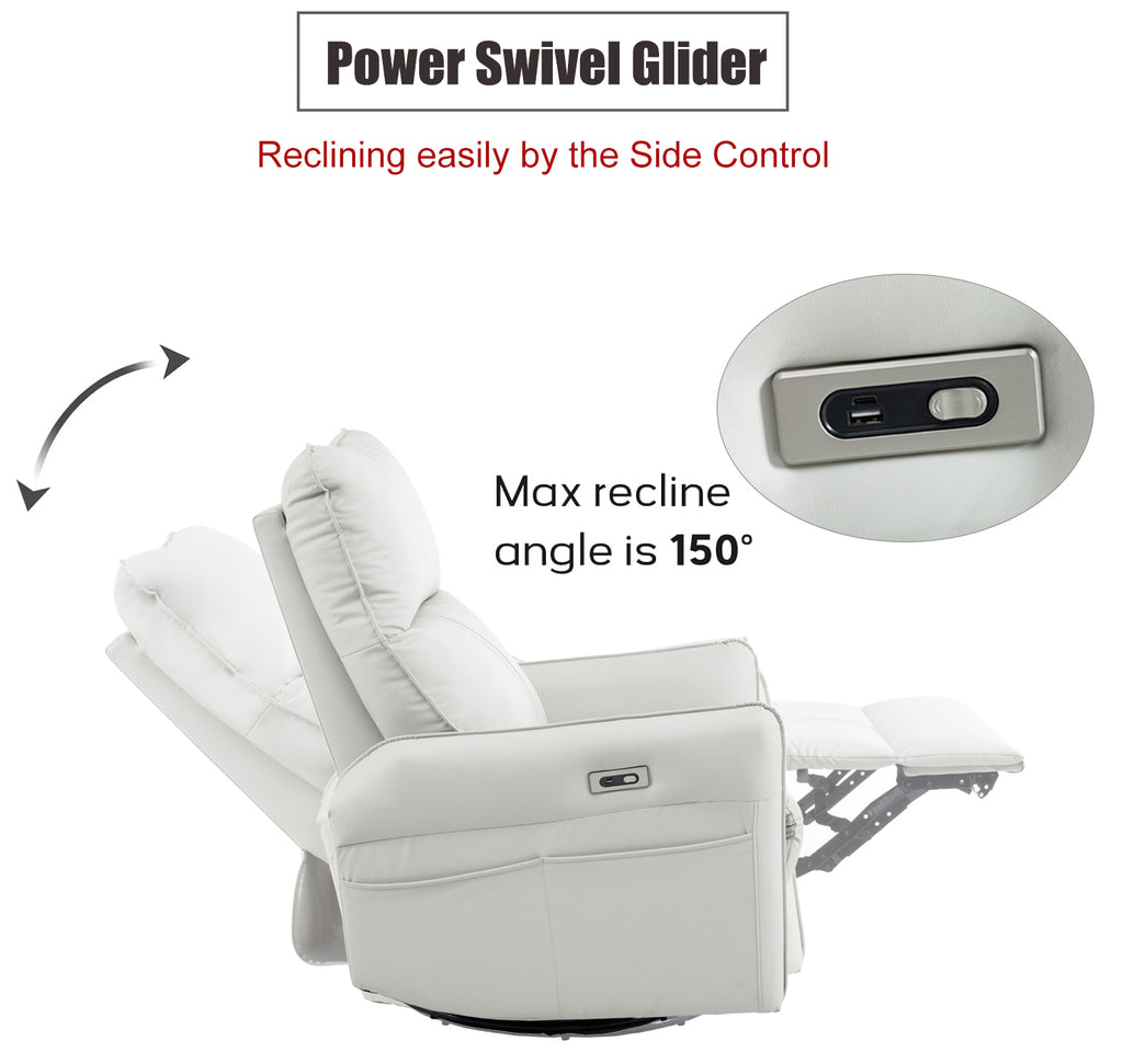 270° Power Swivel Rocker Recliner Chair, PU Leather Electric Glider Reclining Sofa with USB Ports, Power Swivel Glider, Rocking Chair,Nursery Recliners for Living Room Bedroom(Light Gray+270°Swivel) - Grand Goldman Shop