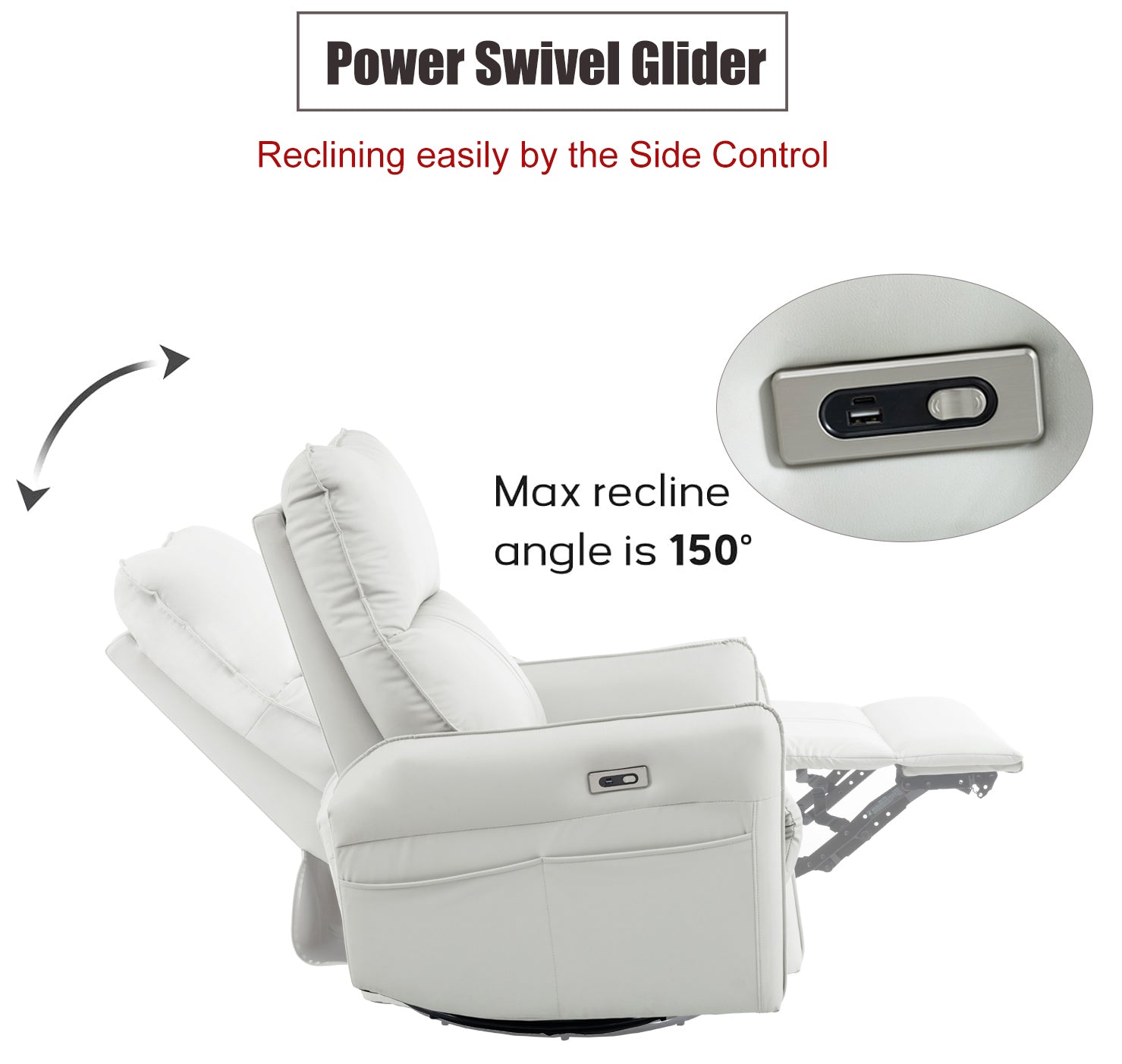 270° Power Swivel Rocker Recliner Chair, PU Leather Electric Glider Reclining Sofa with USB Ports, Power Swivel Glider, Rocking Chair,Nursery Recliners for Living Room Bedroom(Light Gray+270°Swivel) - Grand Goldman Shop