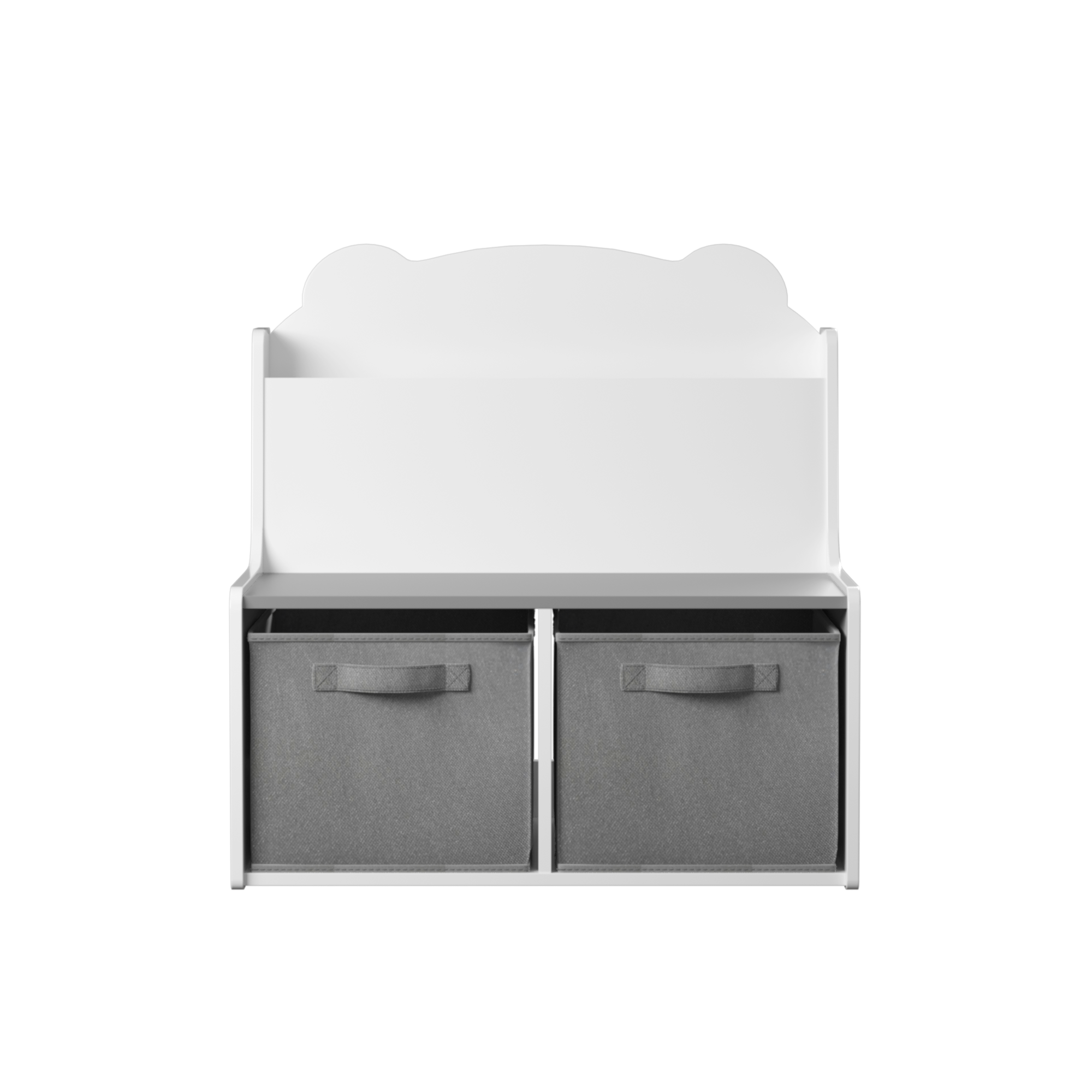 Kids Bookshelf with Storage Bins – Wooden Bookcase with Book Display Shelf and 2 Fabric Bins, Cute Bear-Shaped Backboard, Toy
