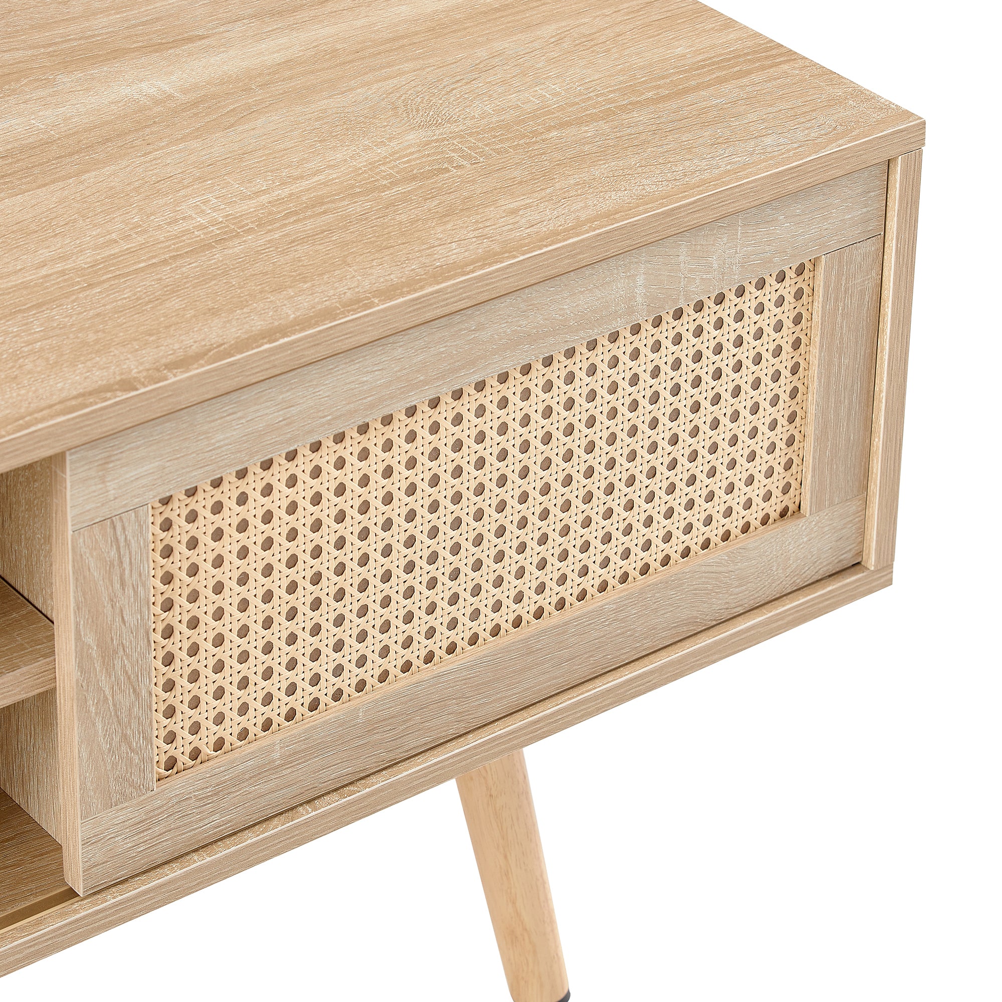 Natural Rattan TV Cabinet with Double Sliding Doors, Adjustable Shelf, Solid Wood Legs, 55.12 Inches - Grand Goldman Shop
