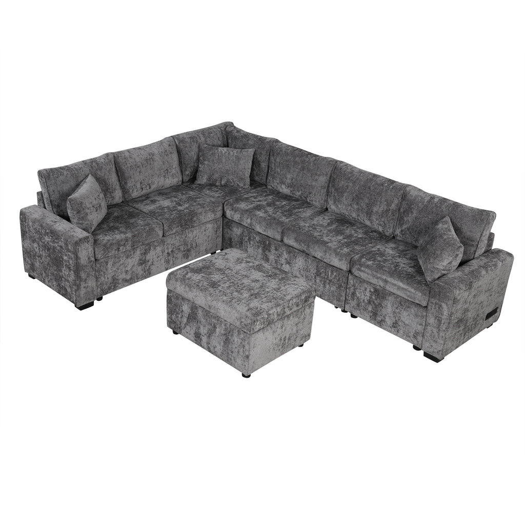 Modern Sectional Sofa Pull-out Sleeper with Storage Ottoman, USB Charging, Grey Tweed Chenille, 112.2' - Grand Goldman Shop