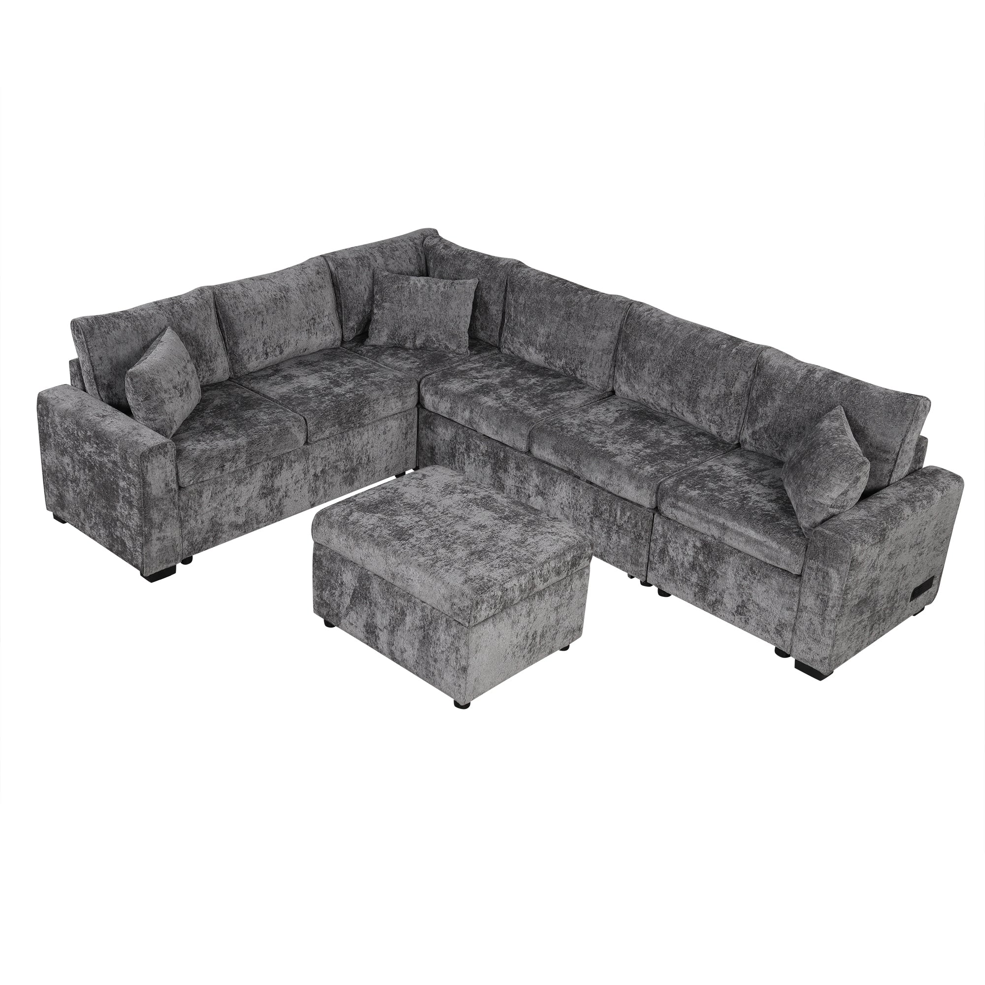 Modern Sectional Sofa Pull-out Sleeper with Storage Ottoman, USB Charging, Grey Tweed Chenille, 112.2' - Grand Goldman Shop