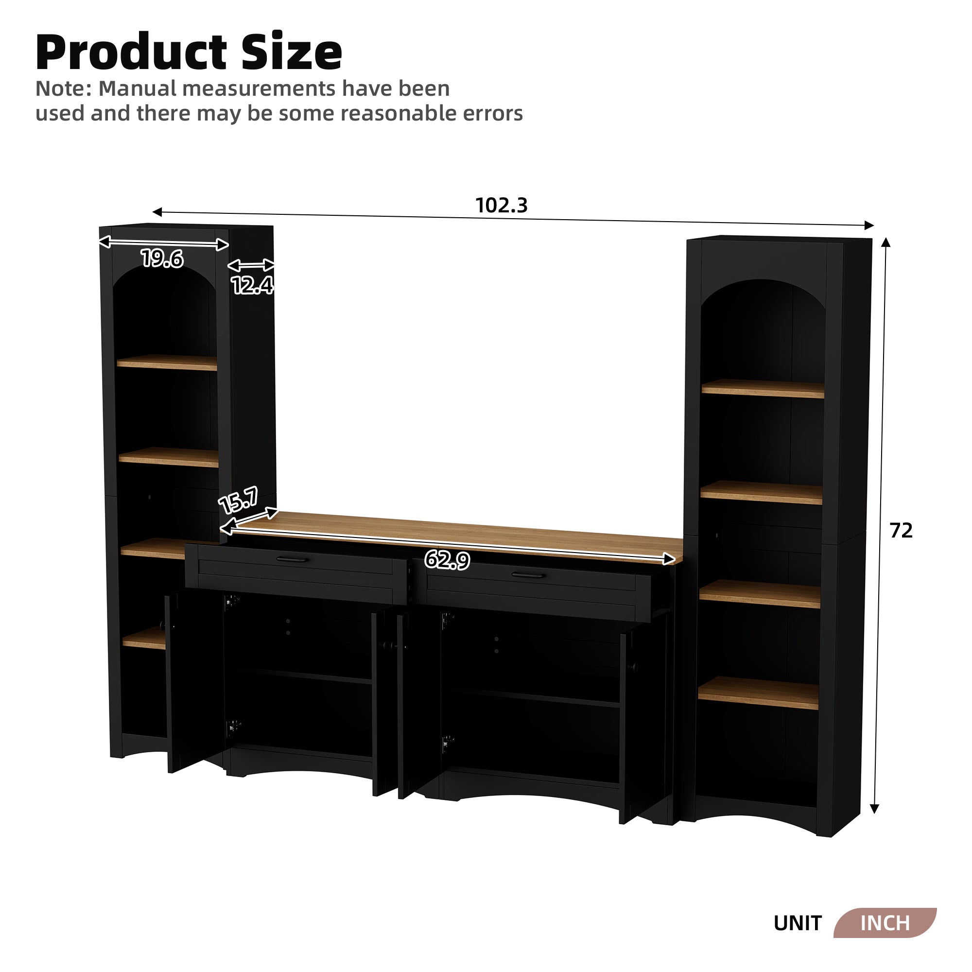 ON-TREND 3-Piece Farmhouse Entertainment Center with Storage Cabinet for TVs Up to 70', Mid-Century TV Stand with Bookshelf, Rustic Versatile Sideboard with Adjustable Shelves for Living Room, Black - Grand Goldman Shop