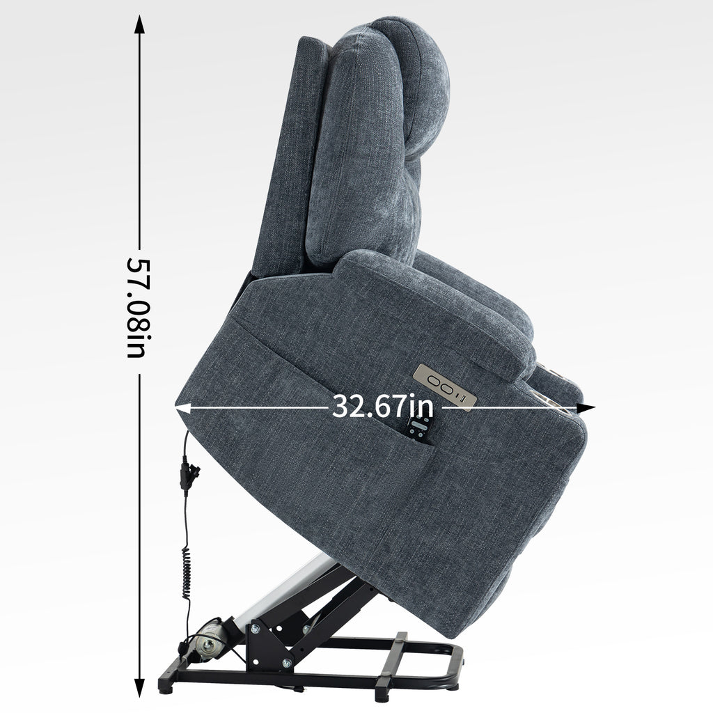 Up to 350 LBS Chenille Power Lift Recliner Chair, Heavy Duty Motion Mechanism with 8-Point Vibration Massage and Lumbar Heating, USB and Type-C Ports, Stainless Steel Cup Holders, Blue - Grand Goldman Shop