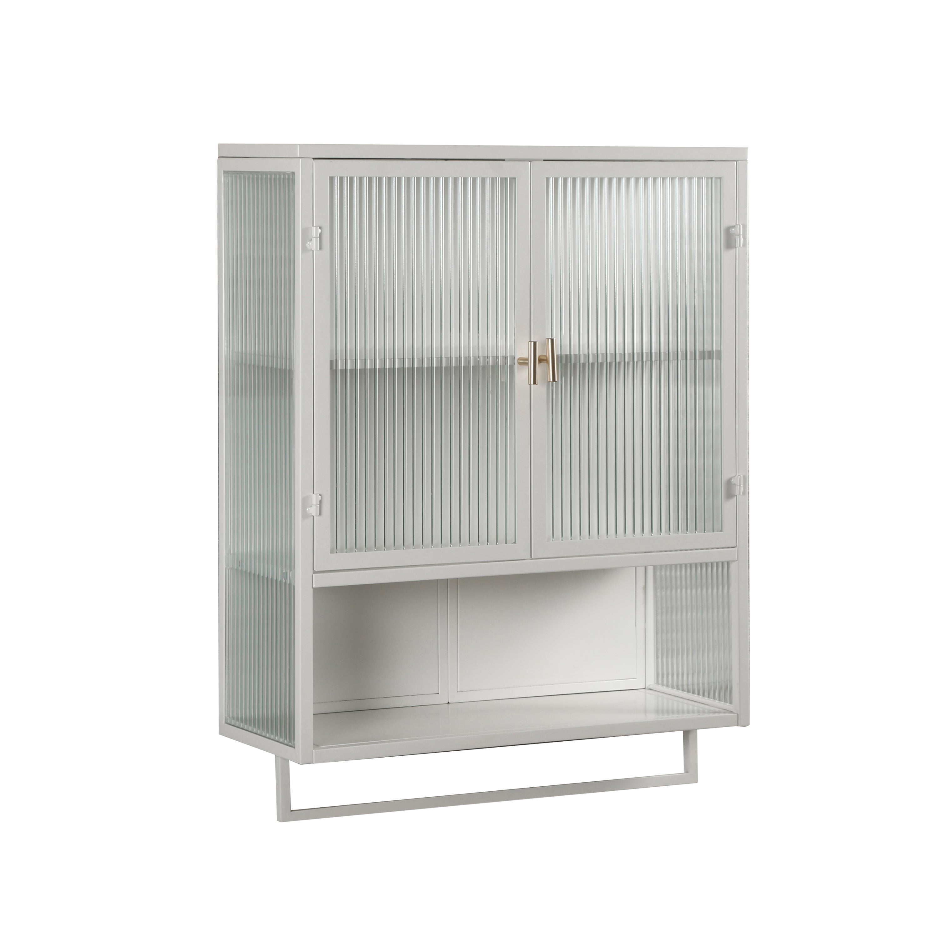 23.62'Glass Doors Modern Two-door Wall Cabinet with Featuring Two-tier Enclosed Storage, an Open Shelf, and Towel Rack, for Entryway Living Room Bathroom Dining Room - Grand Goldman Shop