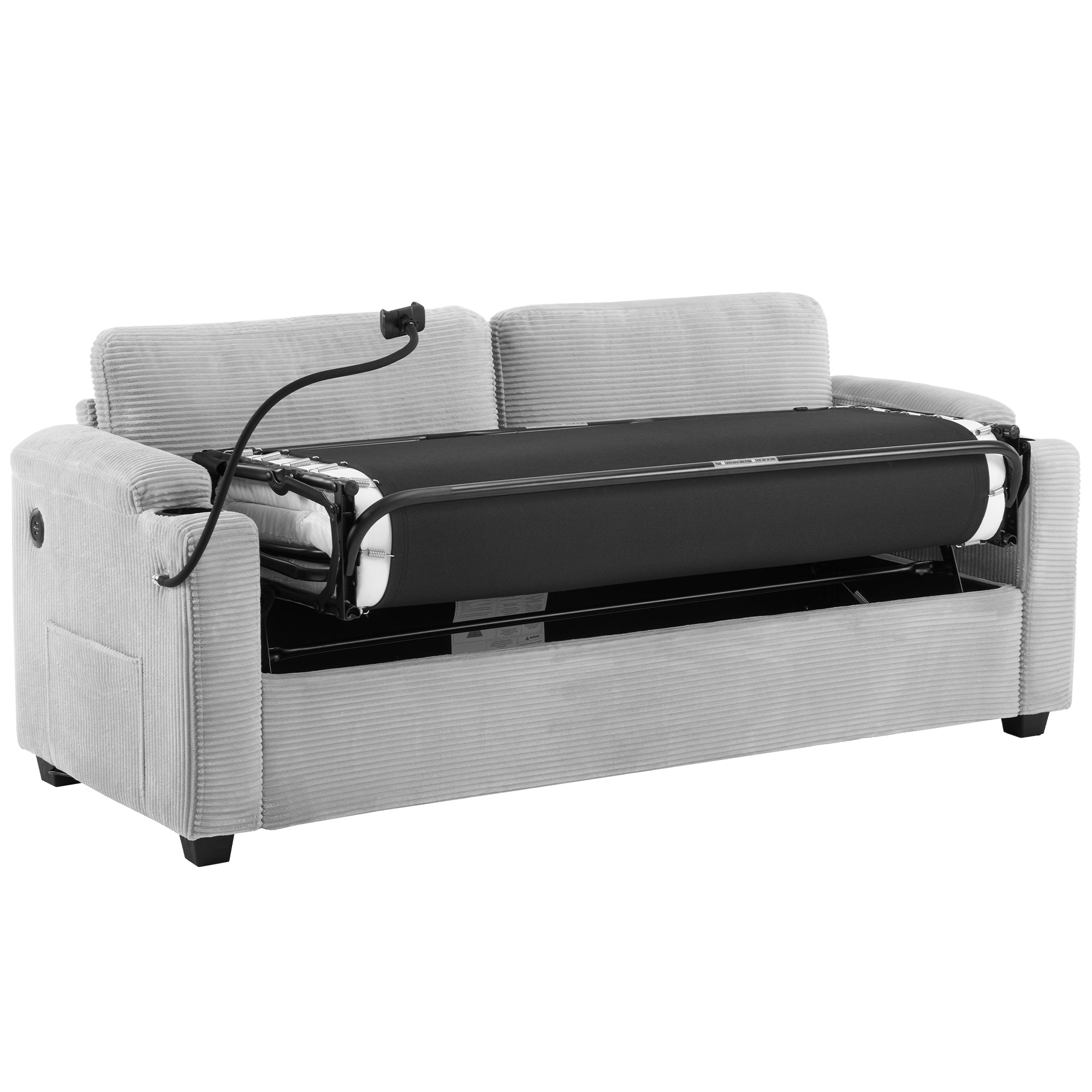 Corduroy Sleeper Sofa Loveseat with Full Size Mattress, USB Ports, Cup Holders, Side Pockets, and Phone Holder, Grey - Grand Goldman Shop