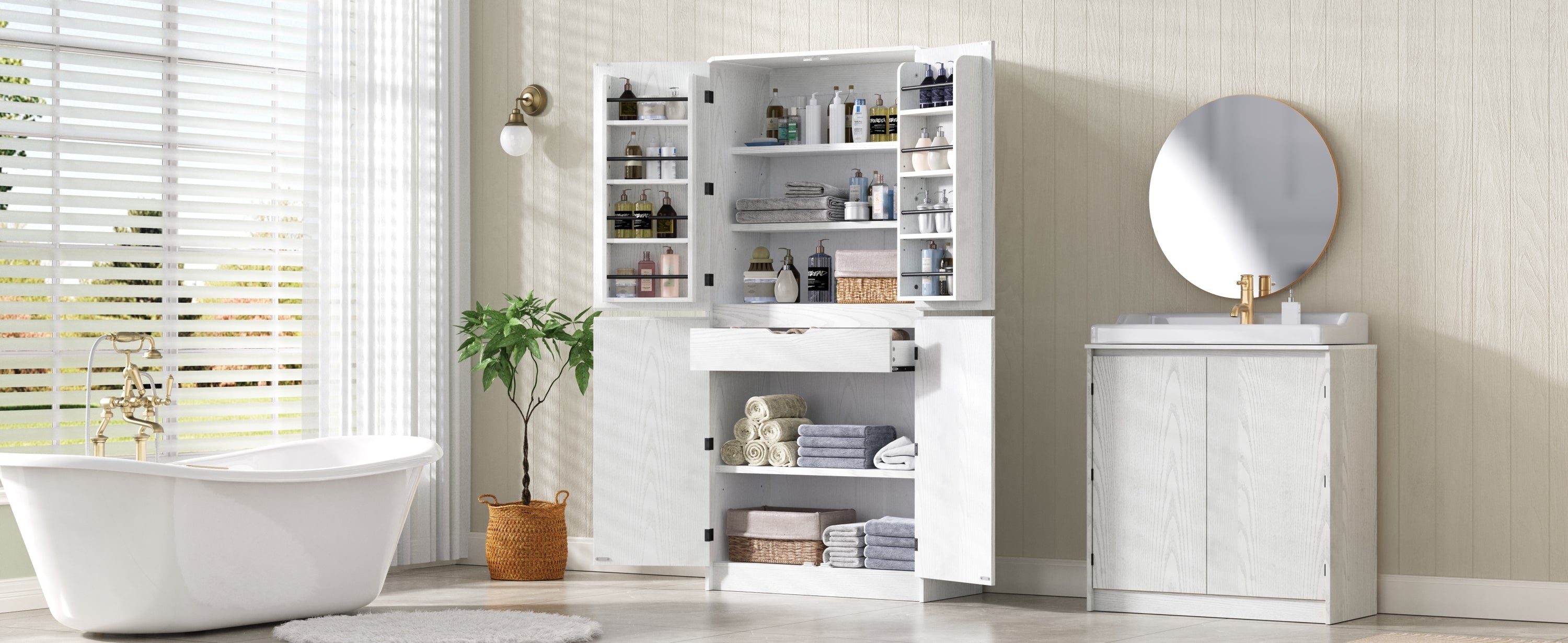 K&K 72' Tall Farmhouse Kitchen Pantry Cabinet with 8 Door Shelves, Curved Design Storage Cabinet with 3 Adjustable Shelves, Hidden Drawer, Versatile Cupboard for Kitchen, Dining & Bathroom, White - Grand Goldman Shop