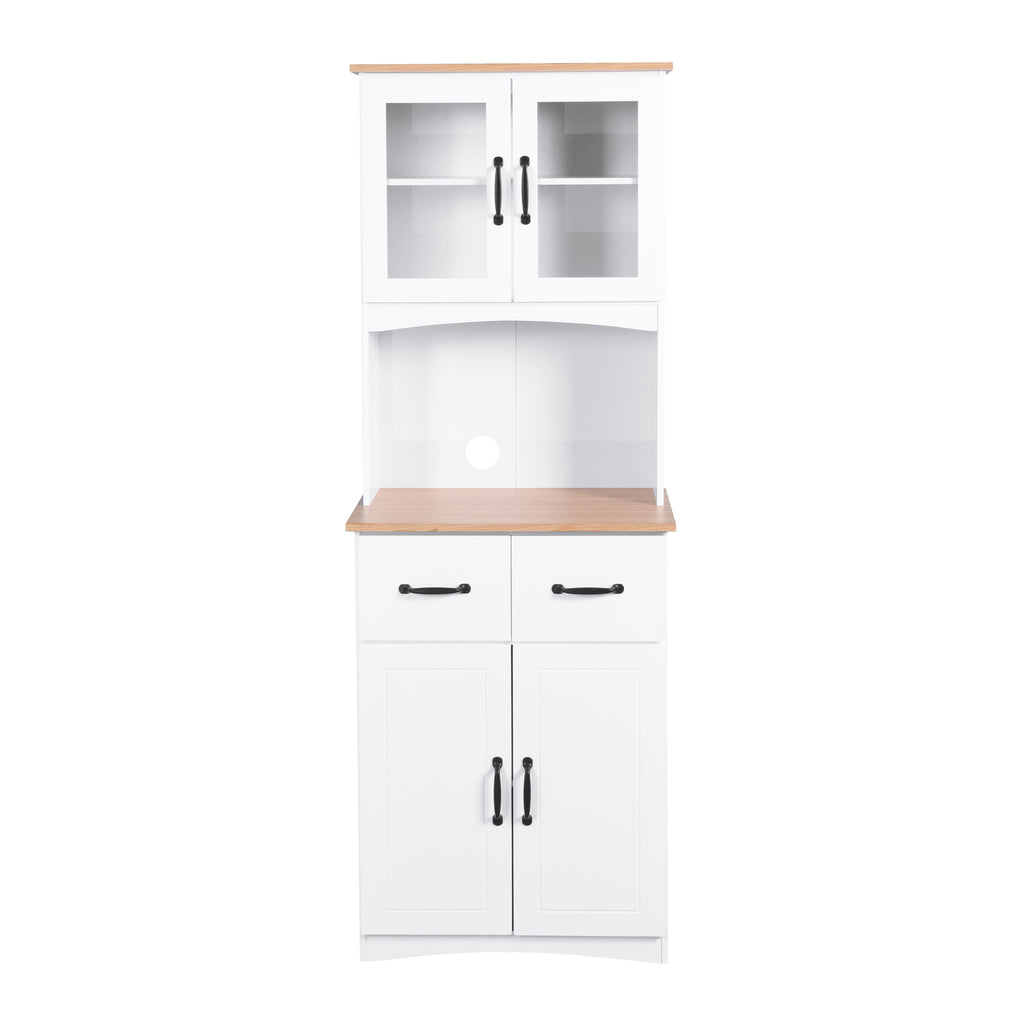Wooden Kitchen Cabinet White Pantry Room Storage Microwave Cabinet with Framed Glass Doors and Drawer - Grand Goldman Shop