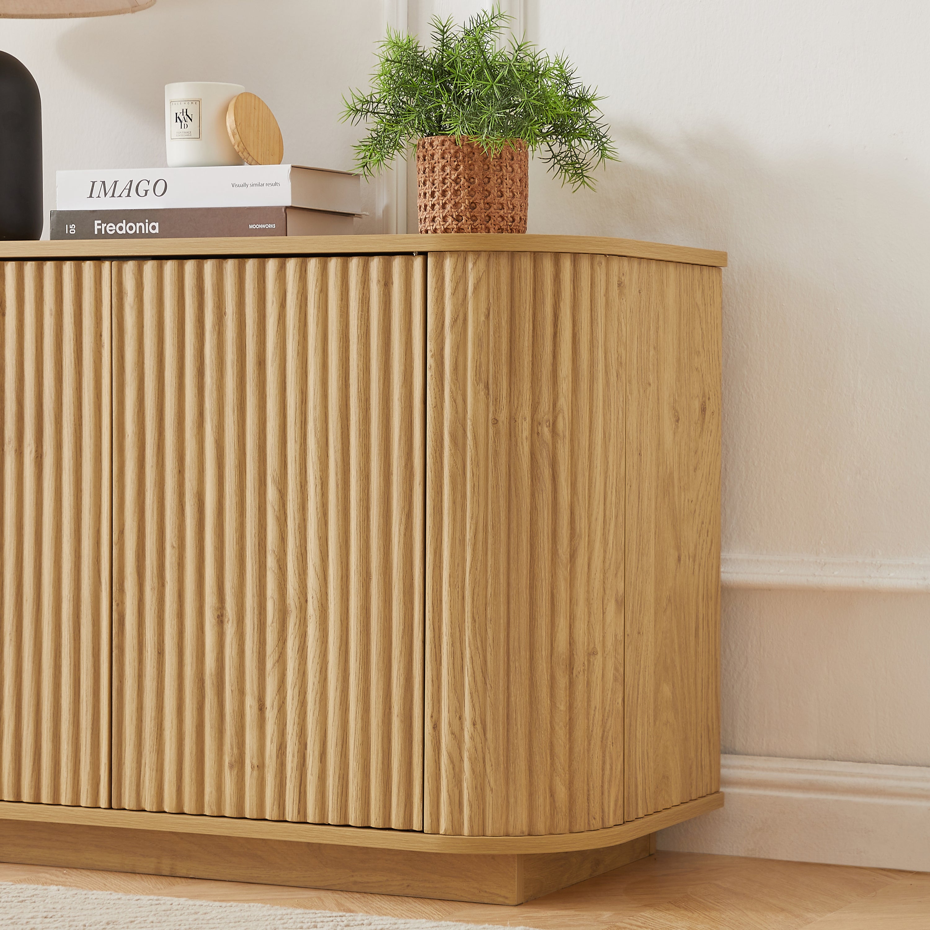 Sideboard Storage Cabinet TV Stand with wave pattern Buffet Cabinet Wooden Vertical Striped Cabinet for Kitchen/Bedroom/Entryway. Natural, 64''W x 15''D x 24''H. - Grand Goldman Shop