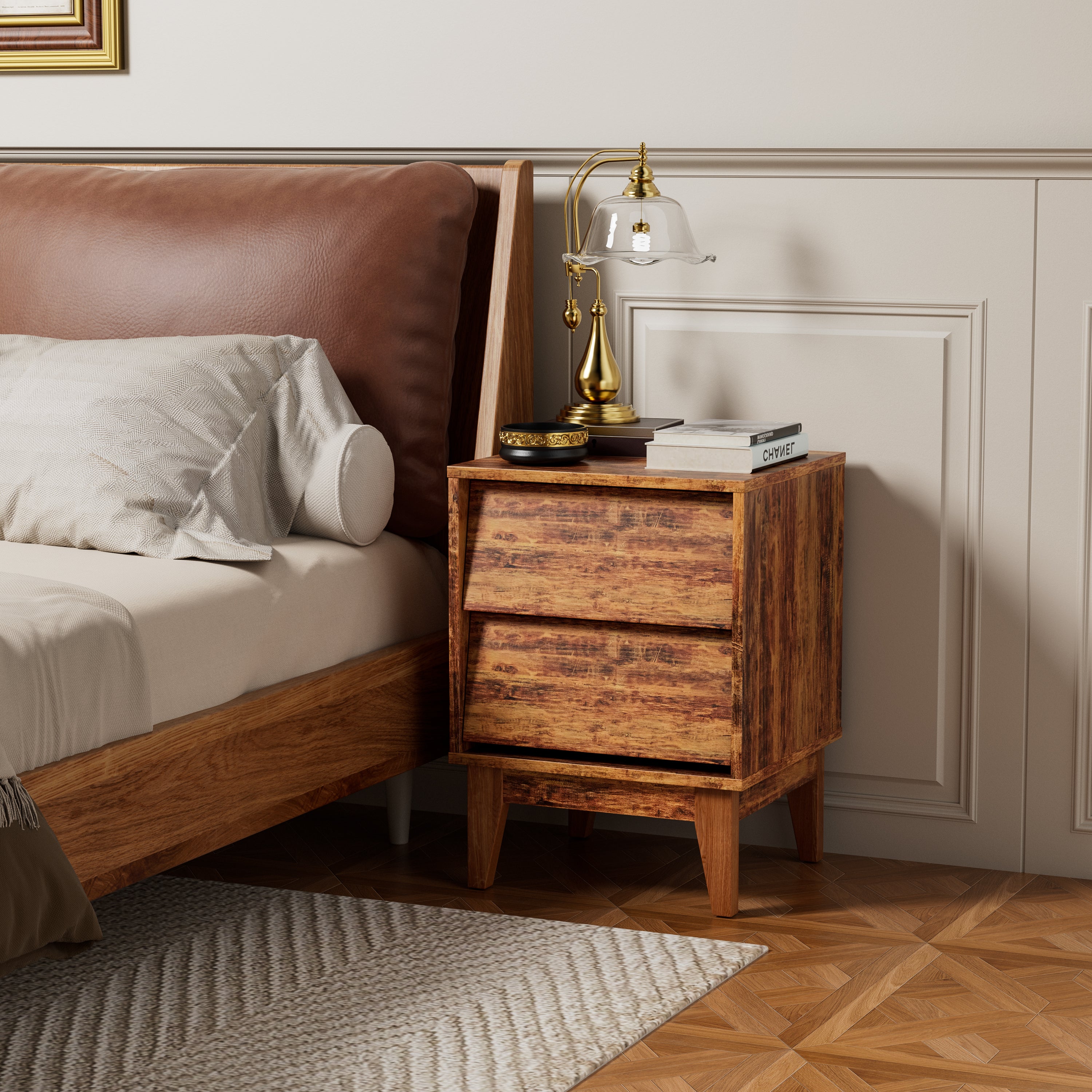 2 Set Nightstands Features Vintage-style and Bevel Design, Made of MDF, Mid Century Modern Nightstand, Night Stand for Bedroom - Grand Goldman Shop
