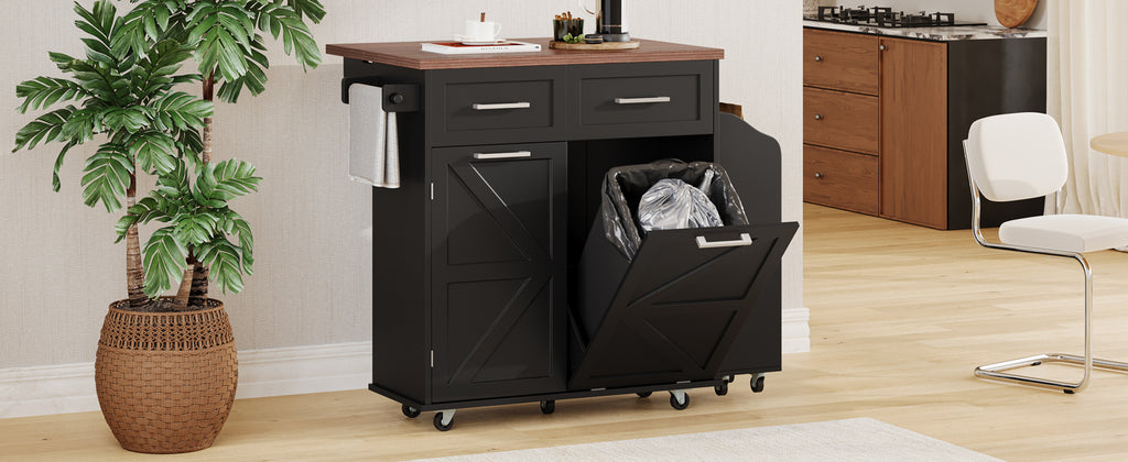 K&K 47.2' Farmhouse Kitchen Island with Drop Leaf, Kitchen Storage Island with Removable Side Racks, Two Drawers, Rolling Kitchen Cart on Wheels with Towel Rack, for Home, Kitchen, Dining Room, Black - Grand Goldman Shop