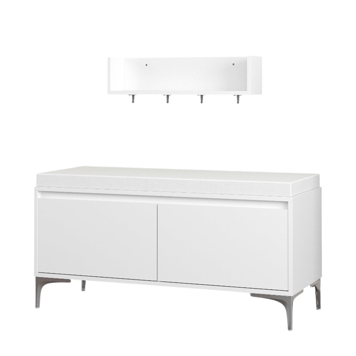 Modern White Wall-Mounted Entryway Shelf with Hooks and Storage Bench Set, Off White Metal & Wood, 39.37 x 15.75 x 19.49 inches - Grand Goldman Shop