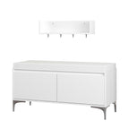 Modern White Wall-Mounted Entryway Shelf with Hooks and Storage Bench Set, Off White Metal & Wood, 39.37 x 15.75 x 19.49 inches - Grand Goldman Shop