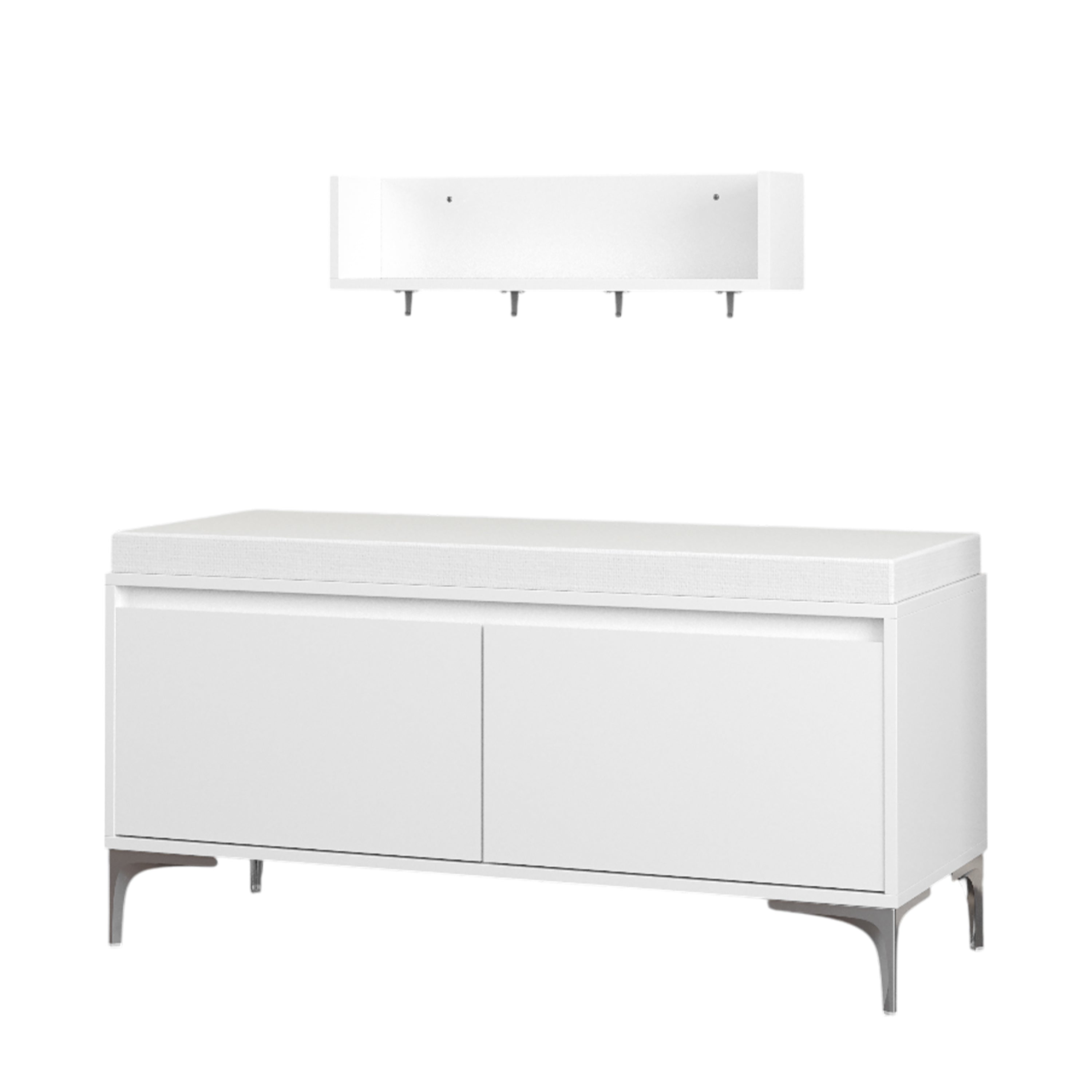 Modern White Wall-Mounted Entryway Shelf with Hooks and Storage Bench Set, Off White Metal & Wood, 39.37 x 15.75 x 19.49 inches - Grand Goldman Shop